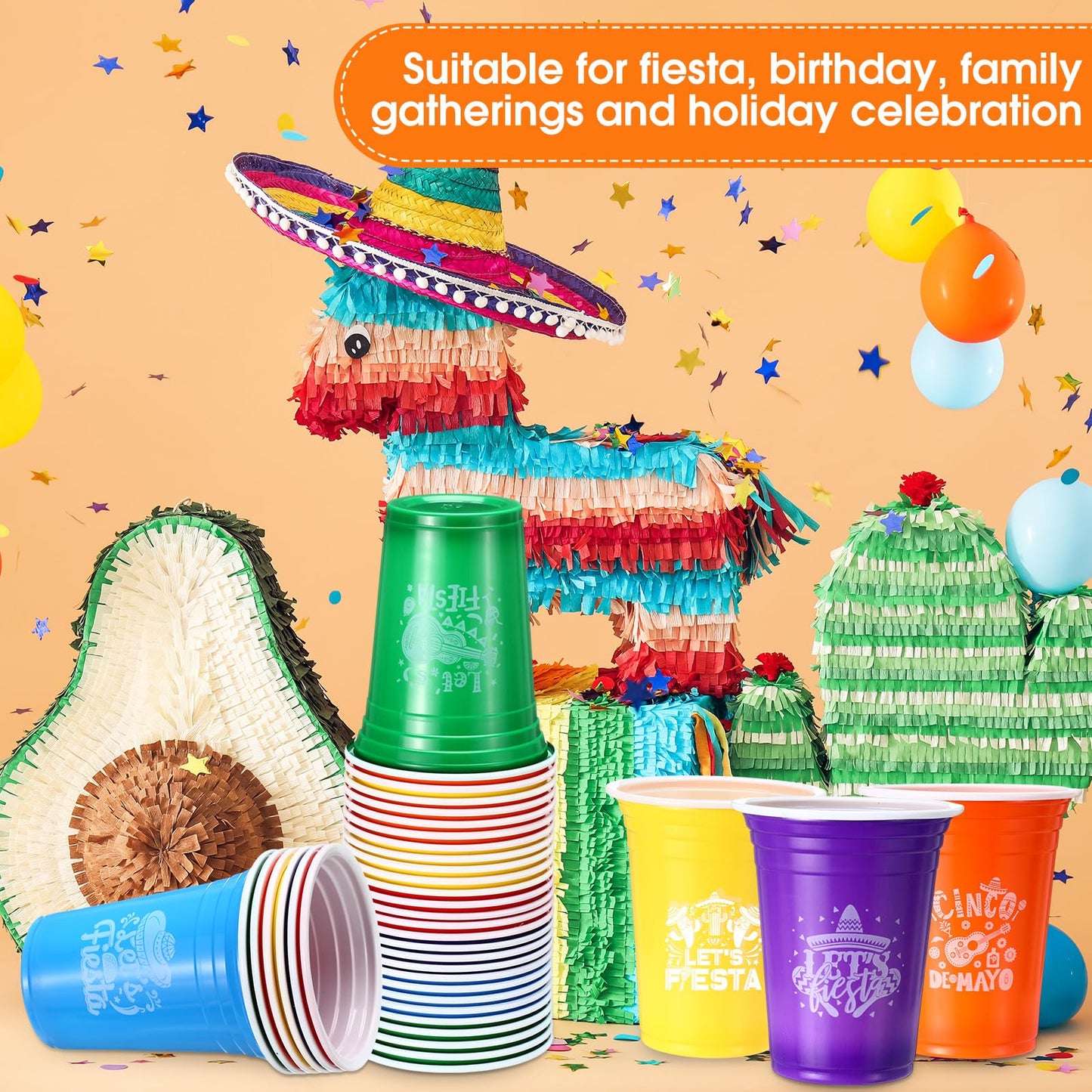 Ziliny 30 Pack Lets Fiesta Cups Mexican Party Supplies Cinco De Mayo 12 oz Disposable Plastic Cups for Taco Baby Shower Birthda