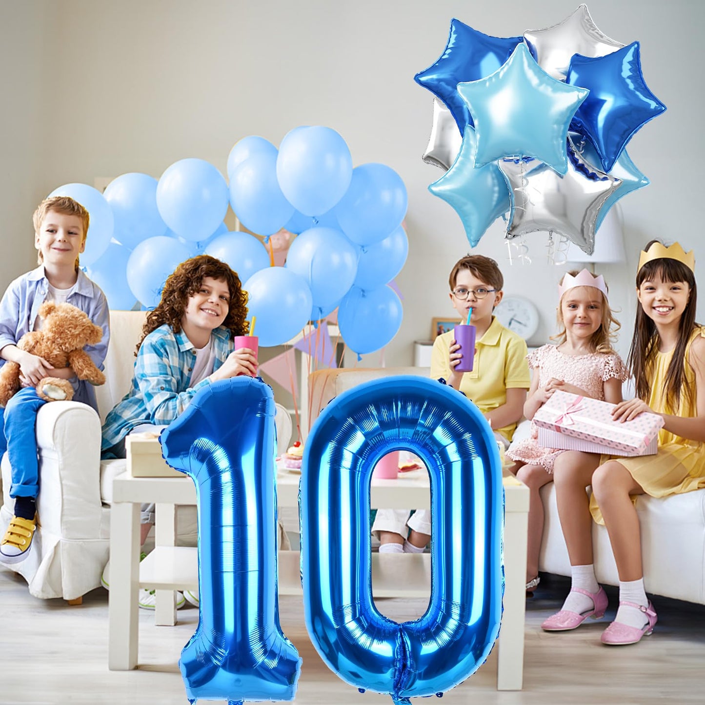 Dark Blue Number 10 Balloons, Big Royal Light Blue Silver Star One Balloon, 40 Inch Foil Mylar Pastel Teal Metallic Blue Self In