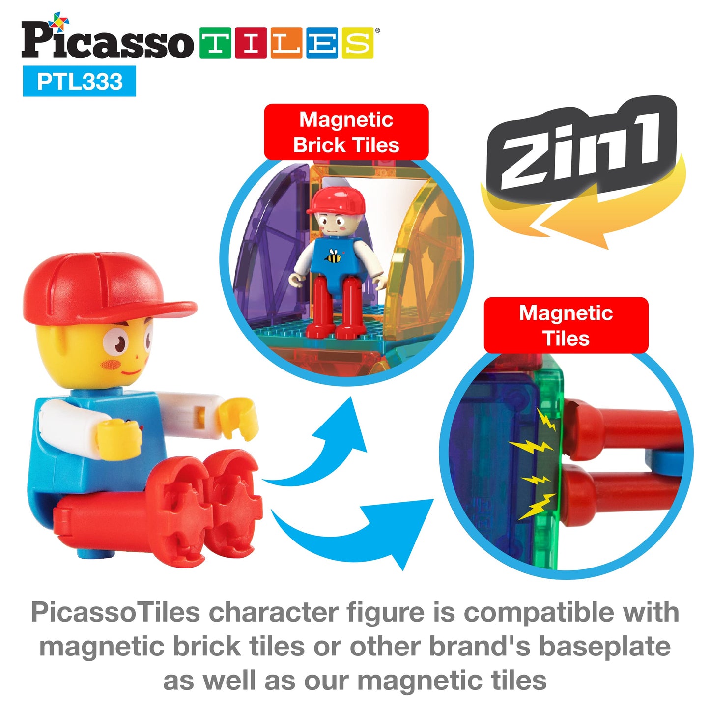Picassotiles 333Pcs Magnetic Brick Tile And Magnetic Tile Combo Set, Action Figures Included, Building Blocks Stem Toys, Educati