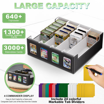 TNELTUEB Card Storage Box for Trading Cards 3000+ MTG Deck Box with 24 Colorful Dividers and 4 Card Supporters Commander Deck holder with Viewing Windows Fits for MTG/TCG/Magic Cards (Black Grey)