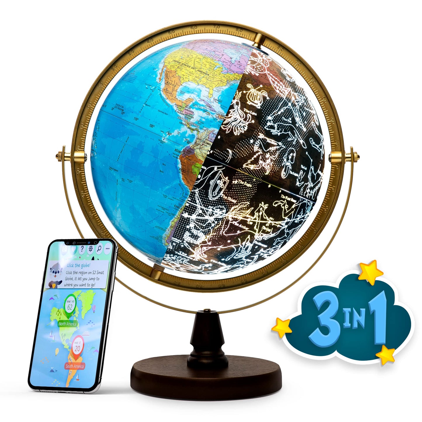 Sjsmartglobe With Interactive App & Led Illuminated Constellations At Night, Us-Patented Stem Education 10' World Globe With Detailed Map