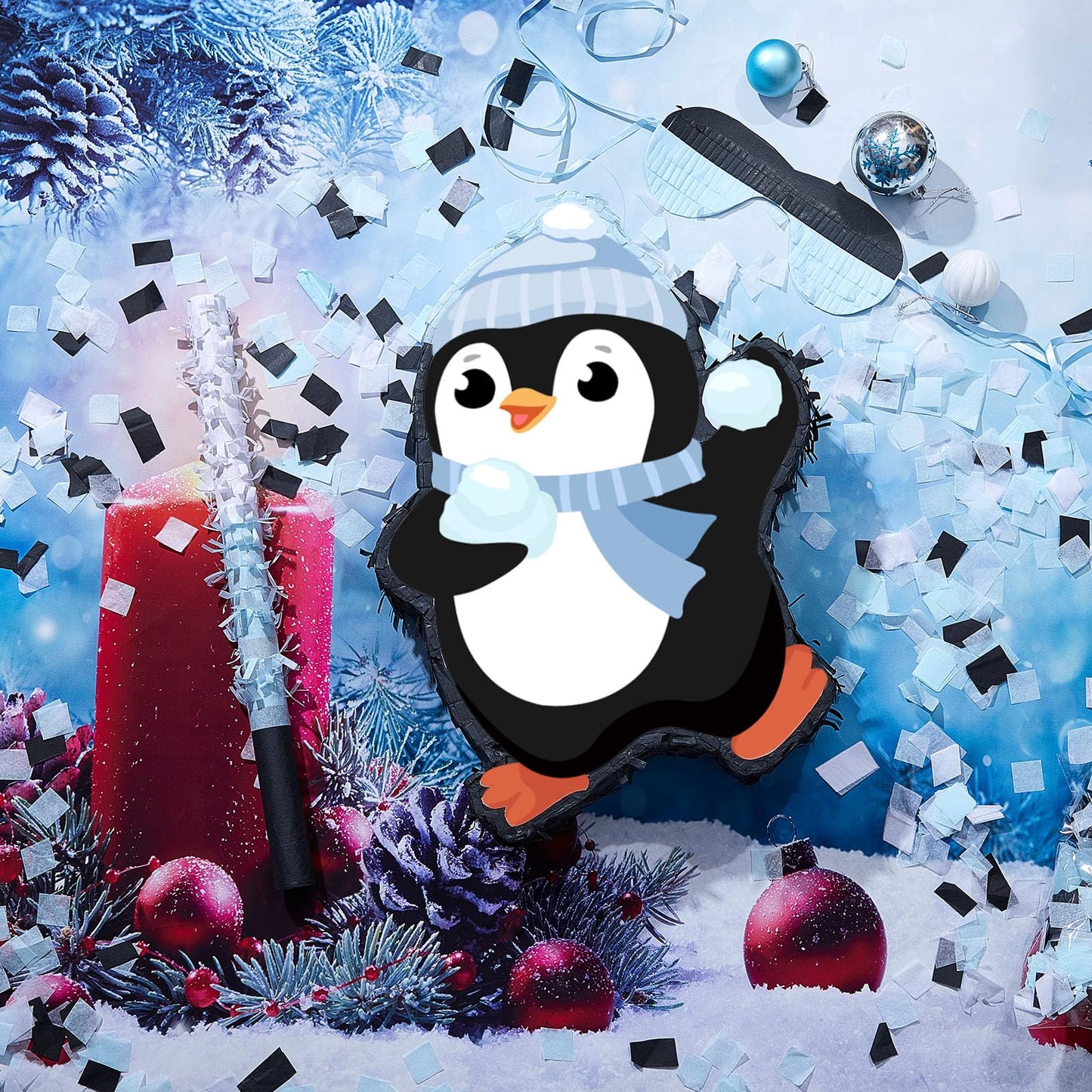 Lewtemi 15.1 Inch Penguin Piñata Winter Penguin Party Supplies Candy Animal Piñata With Stick Confetti And Blindfold Gift For Boy Girl Adults Winter Theme Birthday Party Supplies Decorations (Elegant)
