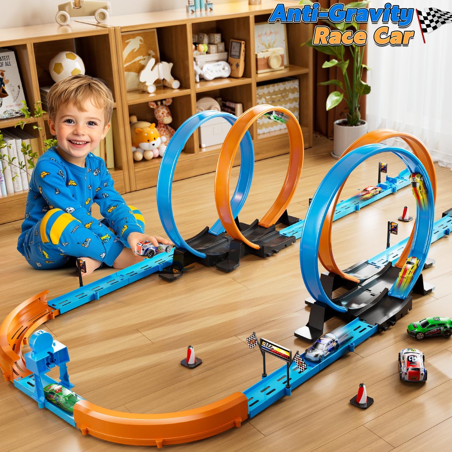Lilybuds Toy Car Track Set For Boys Kids Age 3-5 4-7 8-12, Long Race Tracks With 4 Action Loops And 4 High-Speed Slot Cars, 35+