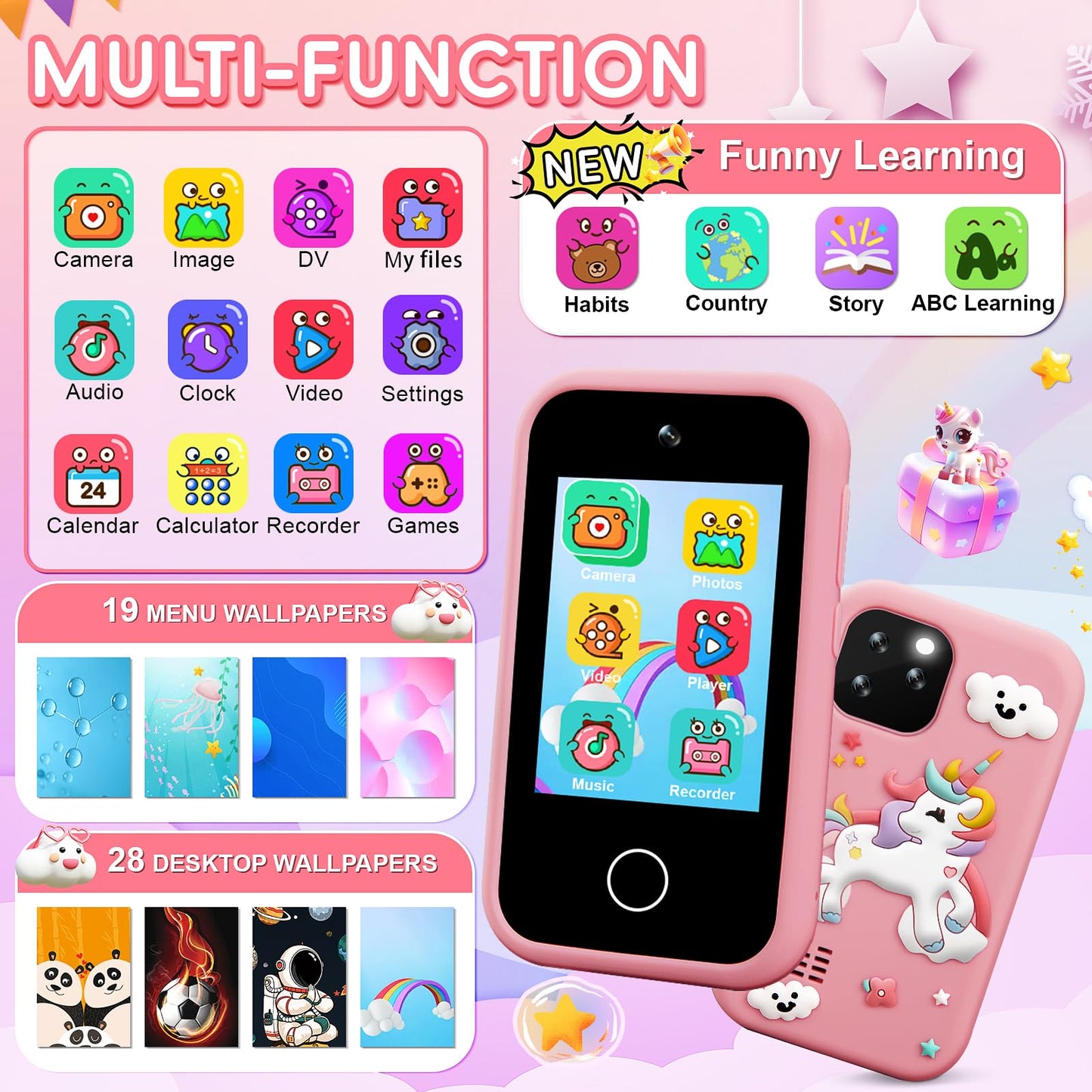GKTZ Kids Smart Phone Toys - Dual Camera Cell Phone for Kids, Unicorn Toys for Girls Age 4-6, Toddler Play Phone for 3 4 6 7 8 Y