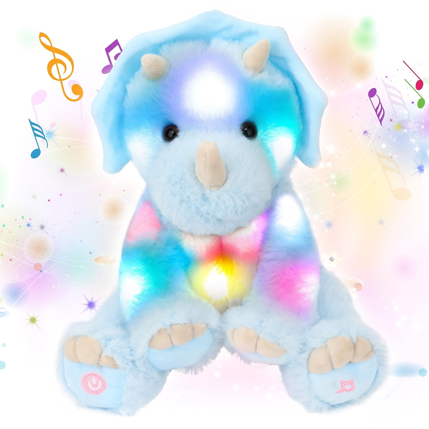 Cuteoy Blue Triceratops Led Musical Stuffed Animal Light-Up Singing Plush Dinosaur Adjustable Volume Lullaby Plushies Birthday Christmas Toy Gifts For Kids Toddler Girls, 13'