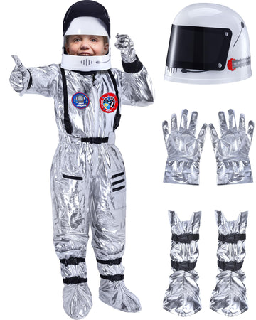 Cuffbow 4 Pcs Astronaut Costume Kids For Halloween, Space Helmet Jumpsuit Gloves Shoe Covers Set For Child Teen Boys(Silver,8-10