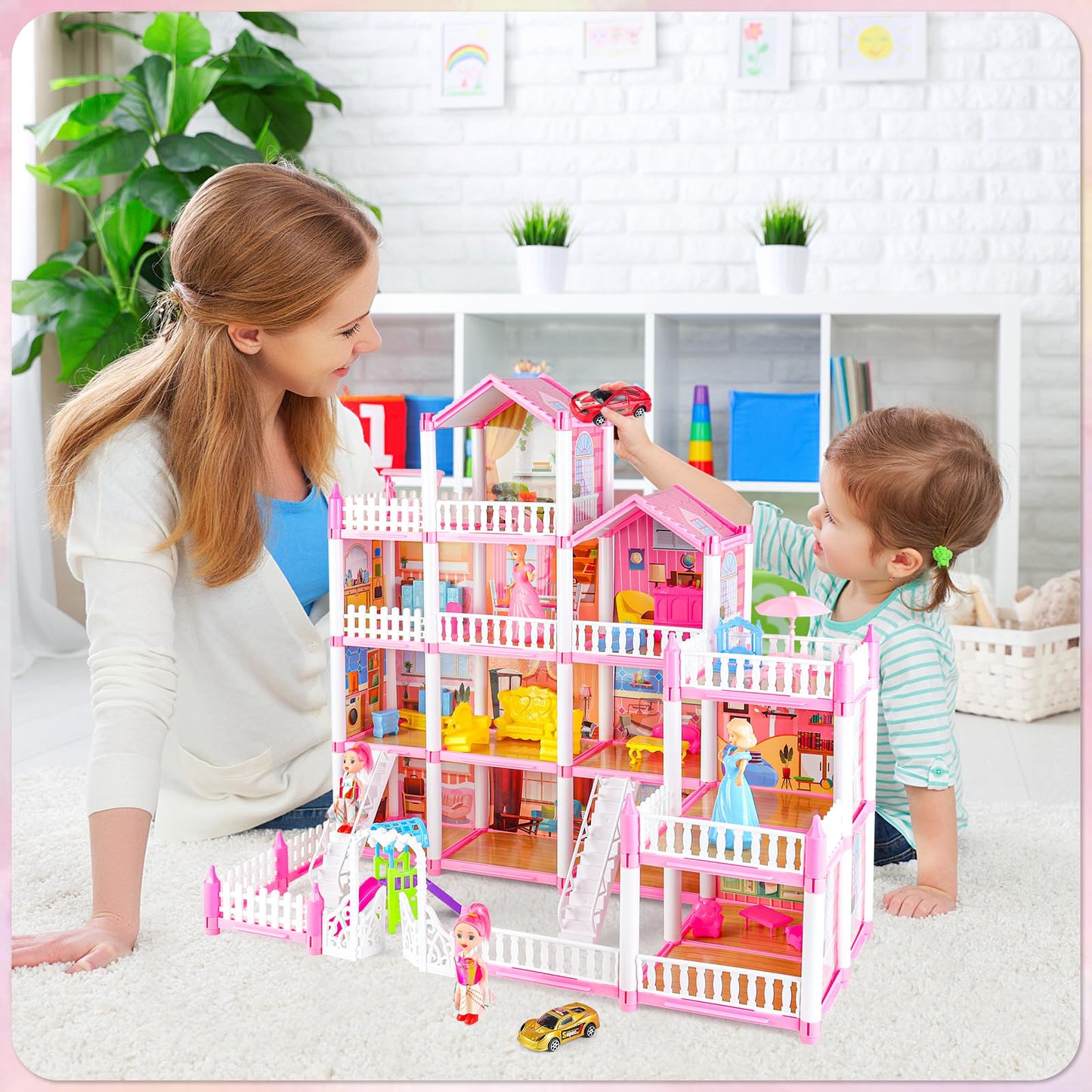 Deao Princess Doll House,4-Story 16 Rooms Kids Play Dollhouse Playset With 4 Dolls Furniture & Accessories,Pink Castle Dollhouse Toy For 3 4 5 6 7 8+ Kids Girls Toys