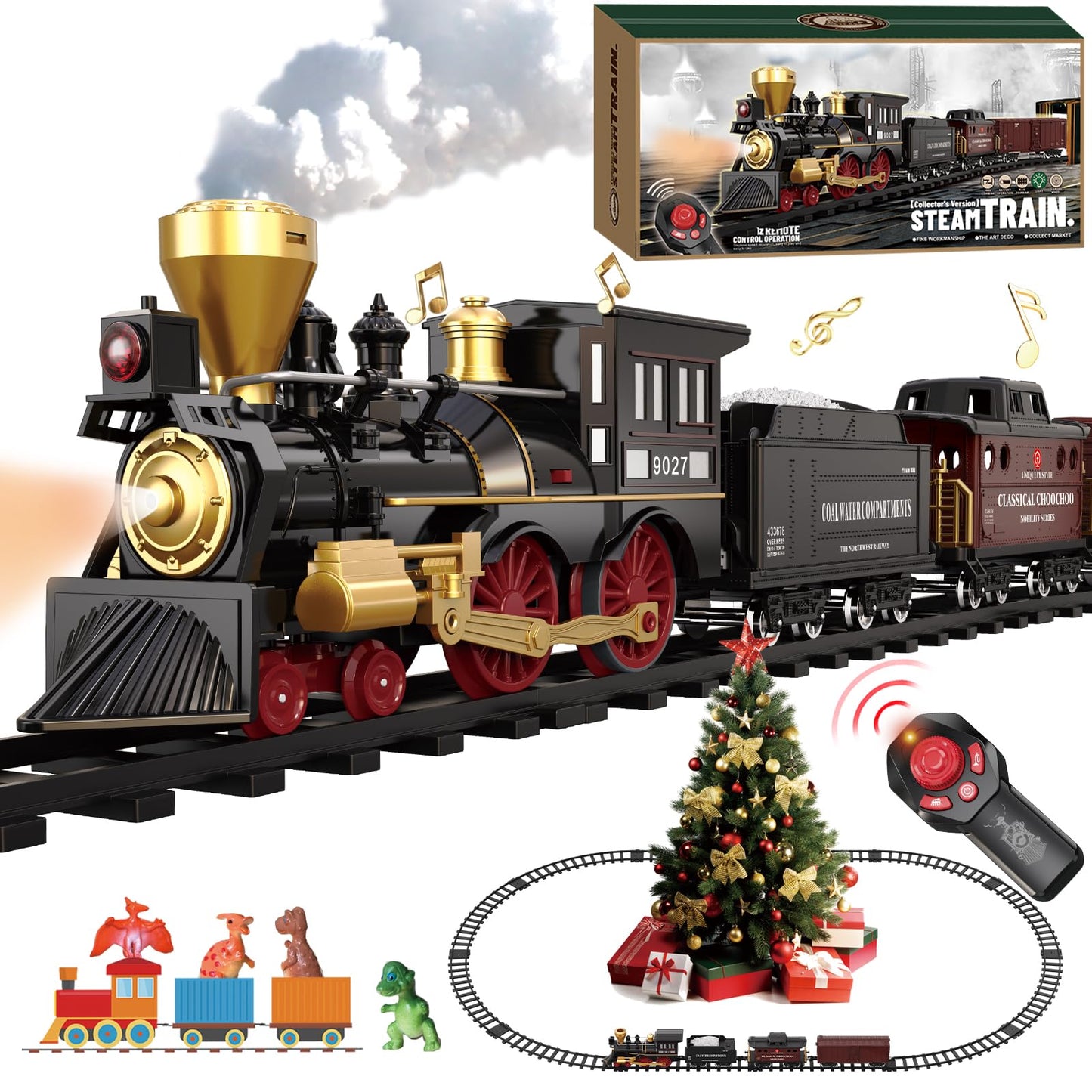 Remote Control Train Set for Kids Electric Steam Engine Locomotive, Cargo Car & Tracks,Trains w/Realistic Smoke,Sounds & Lights,
