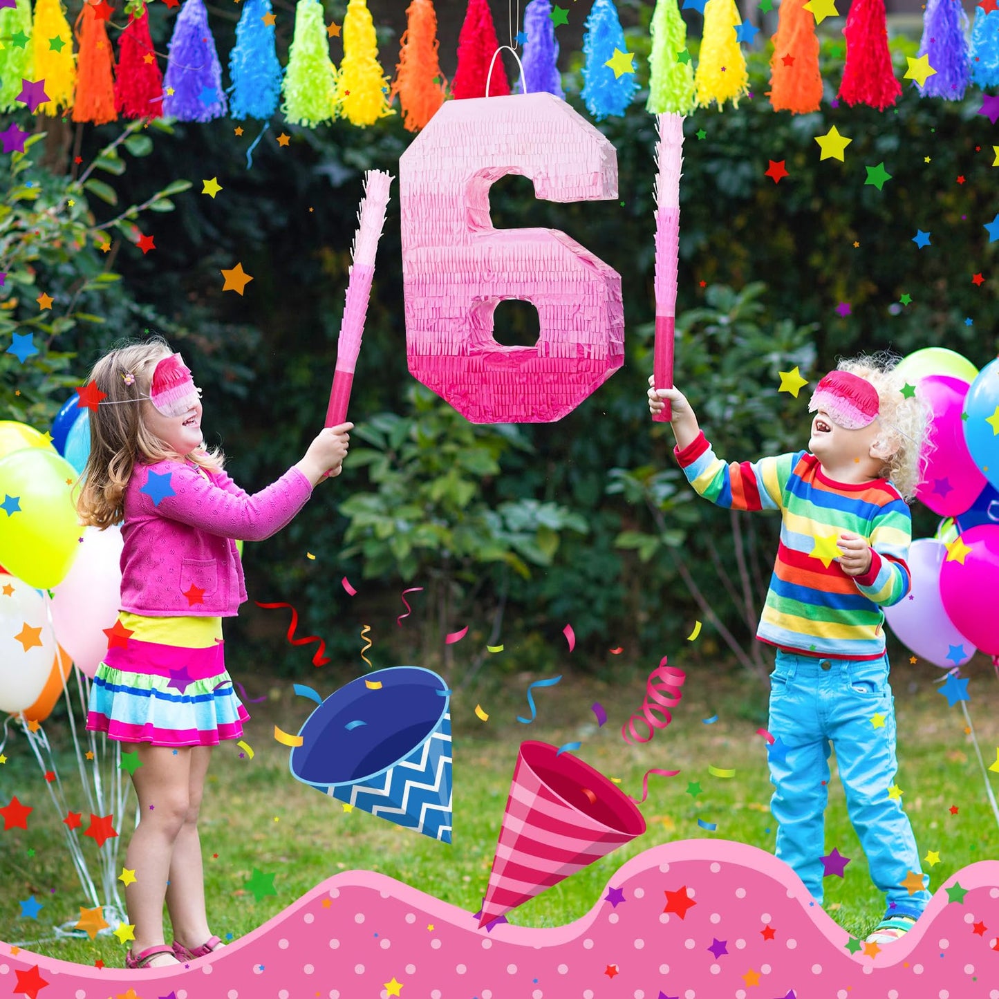 Sratte Gradient Pink Piñata - Number 6 Birthday Decorations, Paper, Includes Stick & Blindfold, Perfect for Girls & Boys Parties