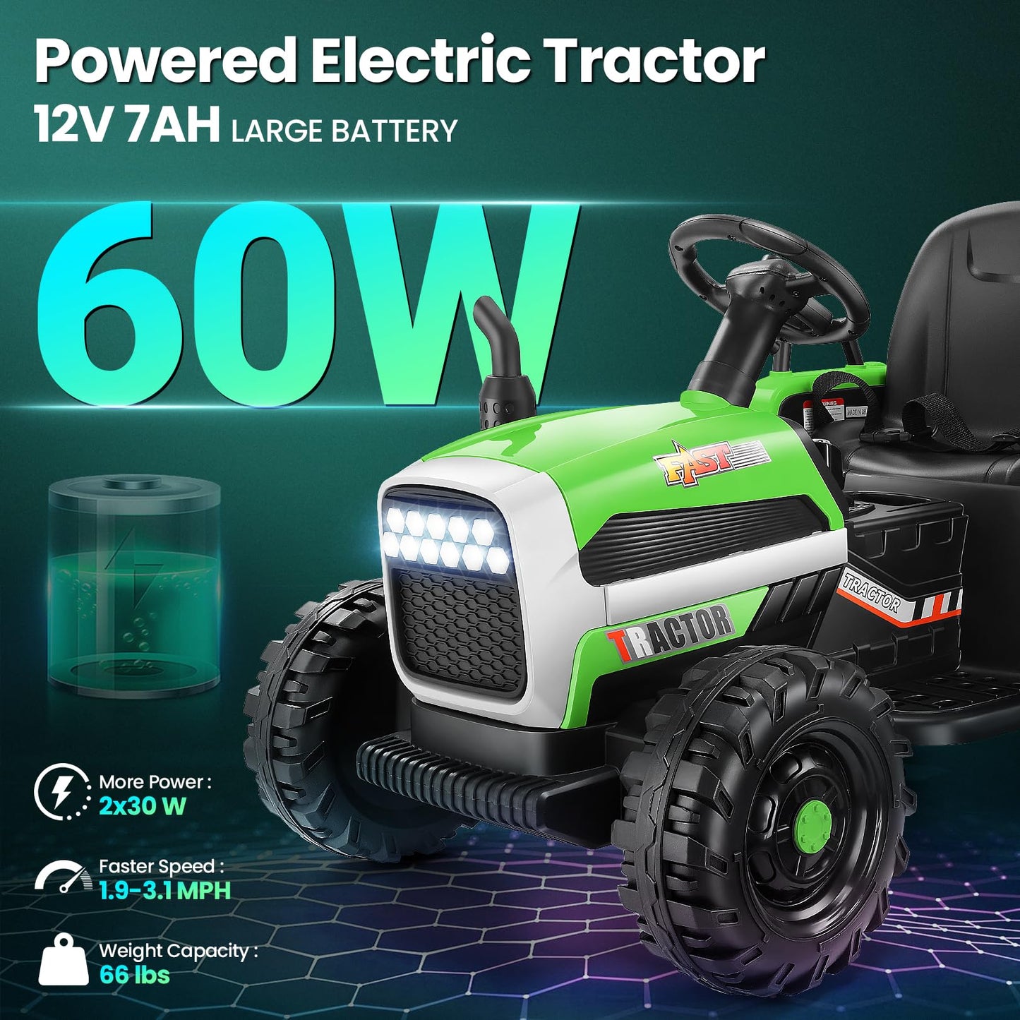 Hikole Kids Ride on Tractor, 12V Electric Tractors with Trailer, Remote Control, 11-LED Headlights, 3-Gear-Shift, 30W Dual Motor