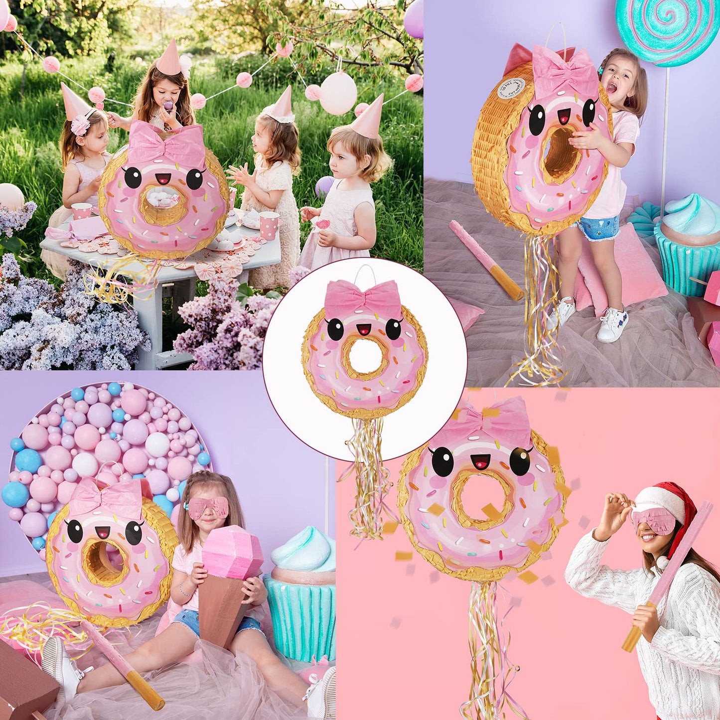 Zhanmai Pink Donut Pinata - Multicolor Party Decoration with String, Bat & Blindfold for Birthday & Baby Shower - Model KSN274711