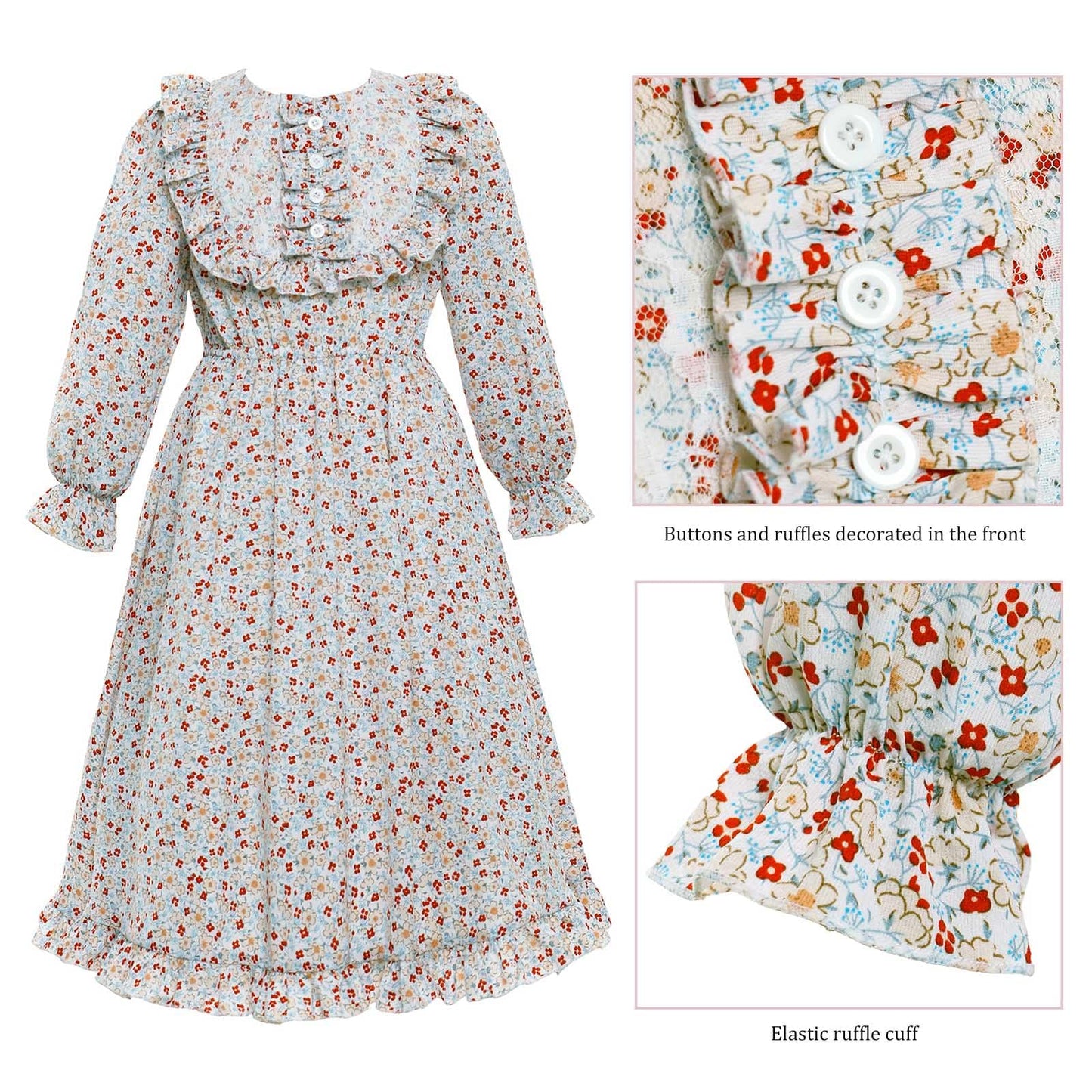 Vibsion Girls Pioneer Prairie Costume Pilgrim Dress Kids Floral Colonial Village Girl Costumes Bonnet Apron Set 3Pcs XL