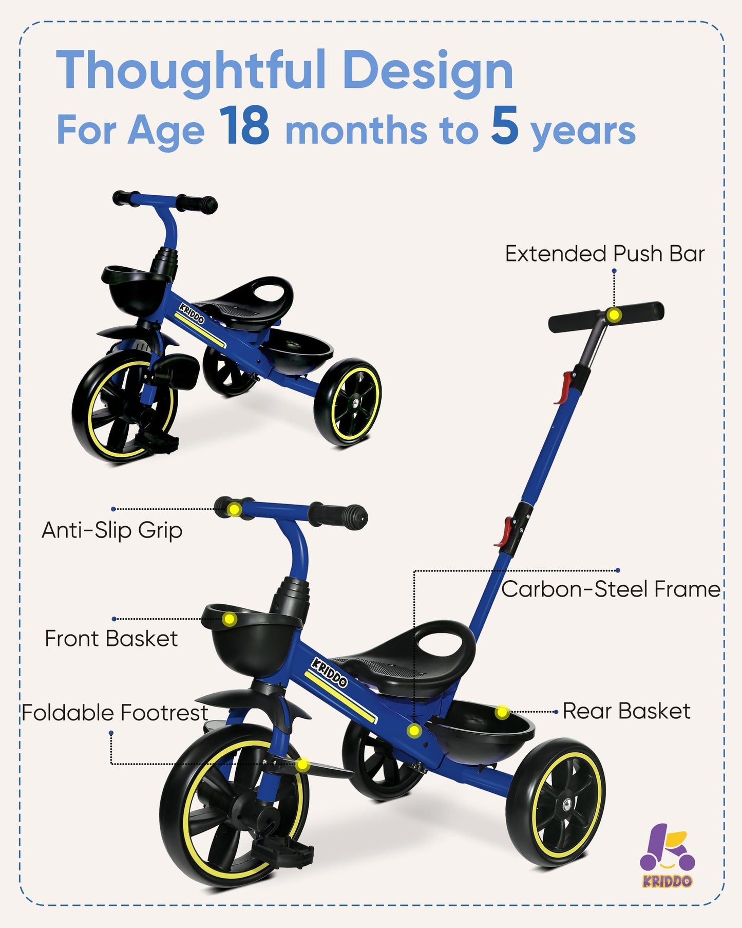 KRIDDO 2-in-1 Toddler Tricycle for Ages 18 Months to 5 Years Old - Extended Push Handle for Effortless Push, Gift Trike for Todd