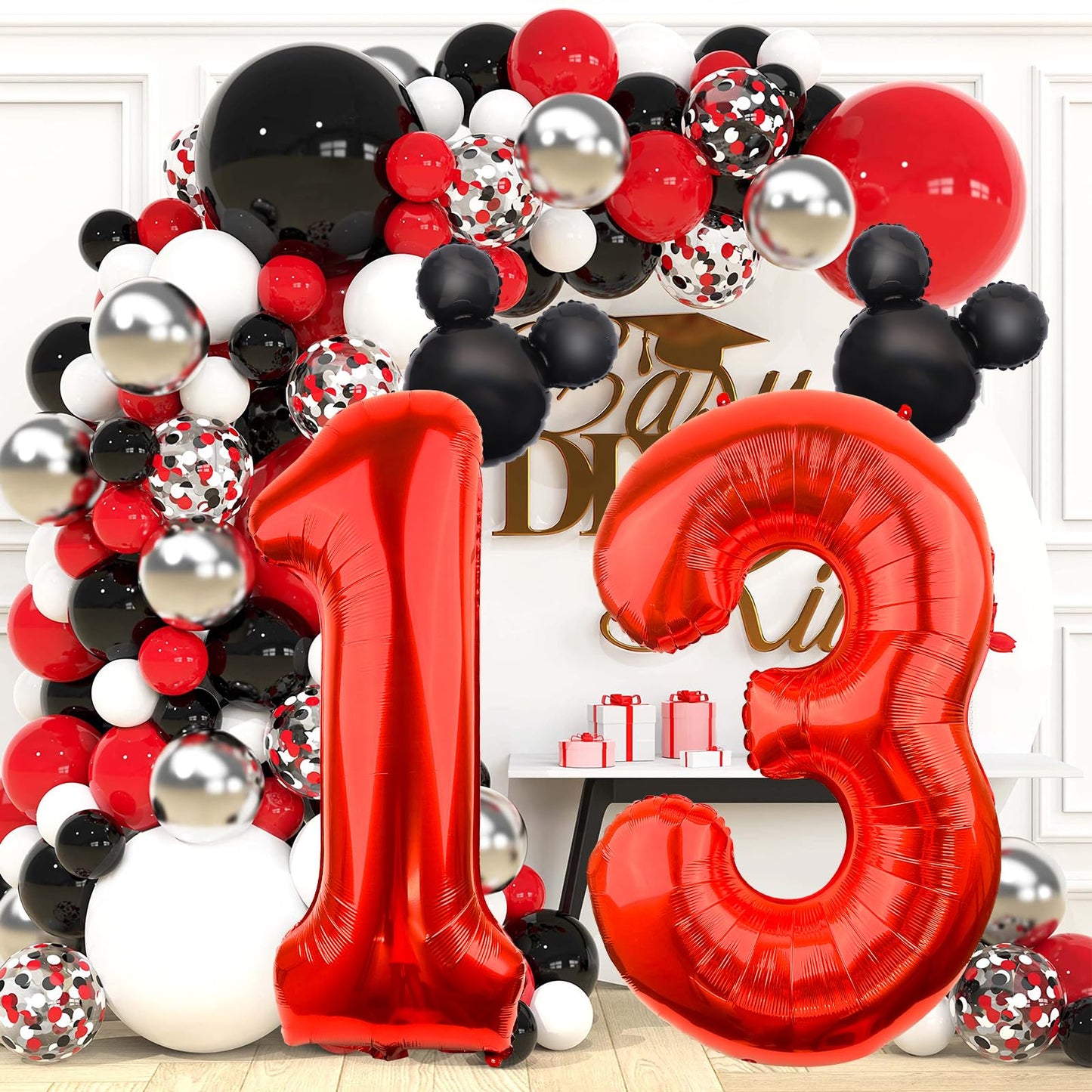Lebery Mouse Number 3 Balloon 40 Inch Red Number 3 Balloon Mini Mouse Head Balloons For 3Rd Birthday Party, Black Red Large Numeral Foil Balloons For Baby Shower Anniversary Supplies Decorations