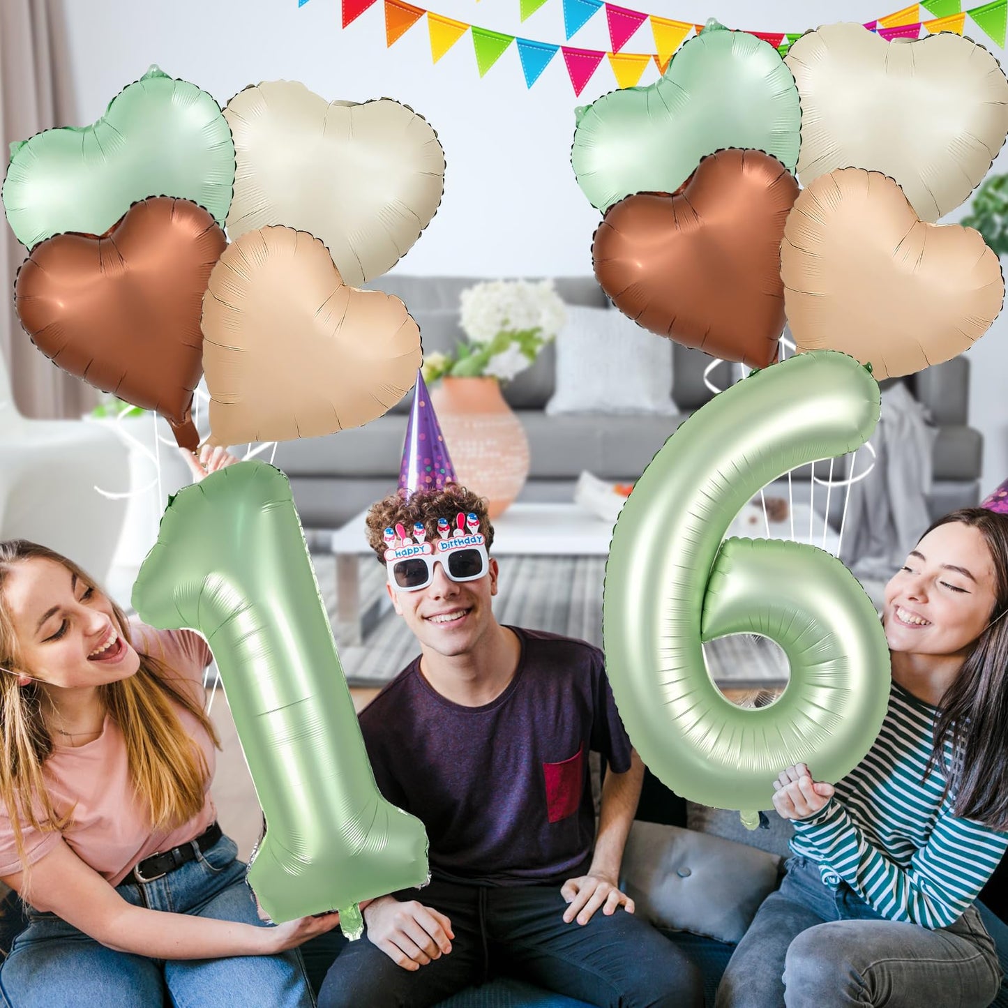 Biapian 40 Inch Sage Green Number 16 Balloons, Large Foil Number 1 & 6 Balloons With 18'' Cream Brown Heart Balloons For 16Th Ye