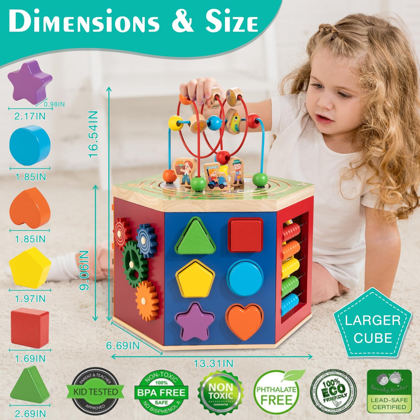 Woodmam Large Activity Cube, 9-In-1 Farm-Themed Wooden Play Center, Multipurpose Montessori Toy For 1-2 Year Old Baby Toddler Kid, First Birthday Gift | Bonus Magnetic Train Cars