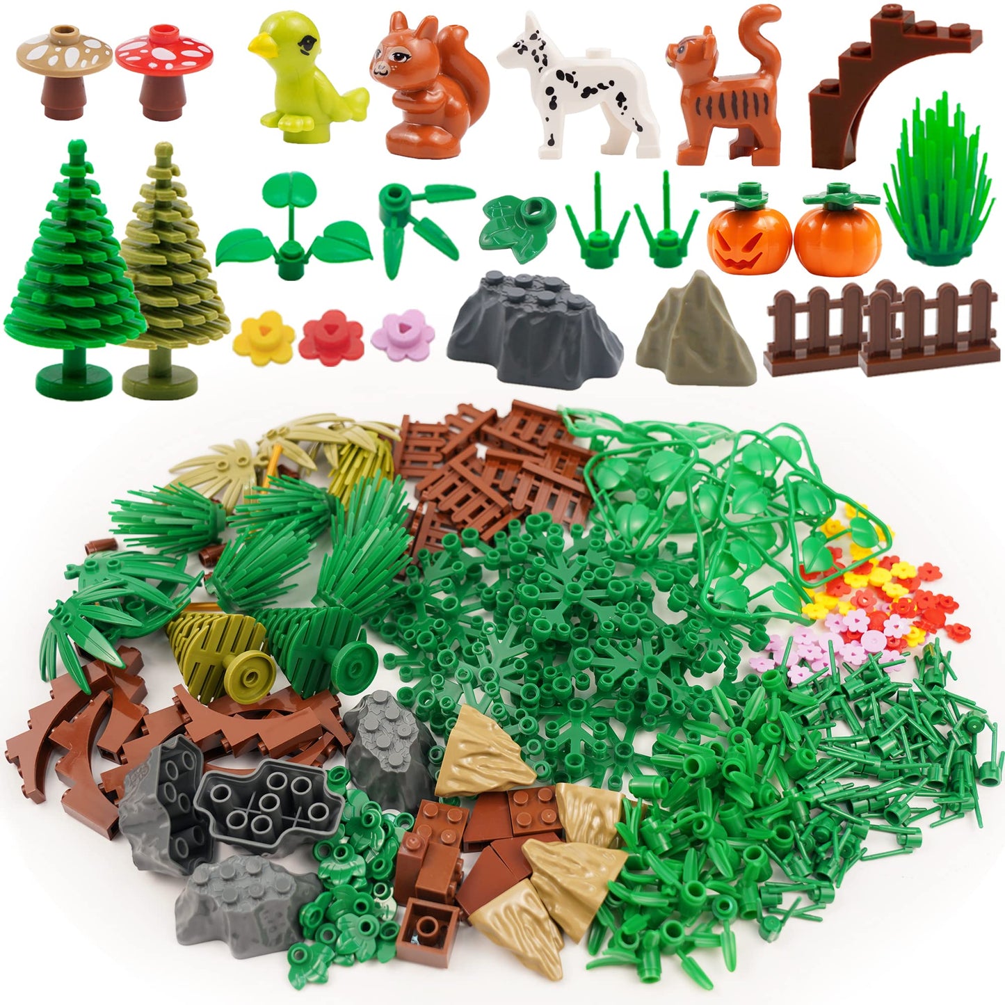 Brotex Plants Tree Accessories Jungle - Botanical Parts Bricks Flower Leaf Forest Flower Plants Pieces Building Blocks Set, Animals Farm Squirrel Birds Grass Garden House Toy (Without Baseplate)