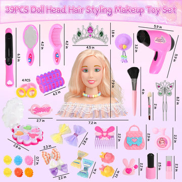 Everideals 39PCS Hair Styling Doll Head Makeup Kit for Girls,Pretend Play Hair Styling Set,with Hairdryer Curling Iron Crown Hai