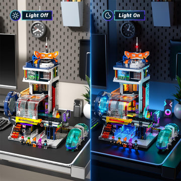 Lumibricks Cyberpunk Floating Train Station Set - 2760 Pcs LED Light Model L9098-EU, Neon Colors, Plastic, Medium Size for Sci-fi Lovers