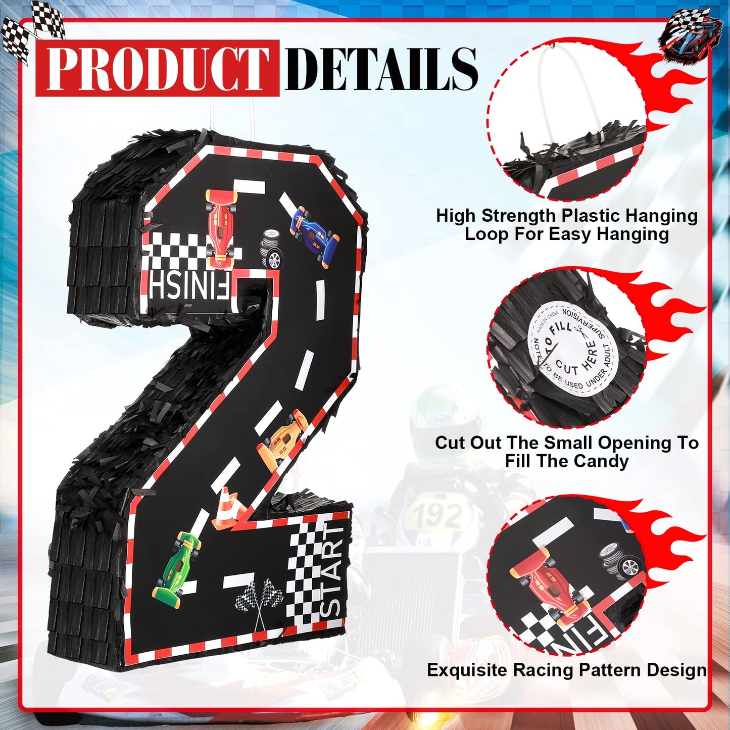 Sratte Race Car Number Piata Small Racing Piata with Blindfold Bat and Confetti for Boy Race Car Themed Birthday Anniversary Cel