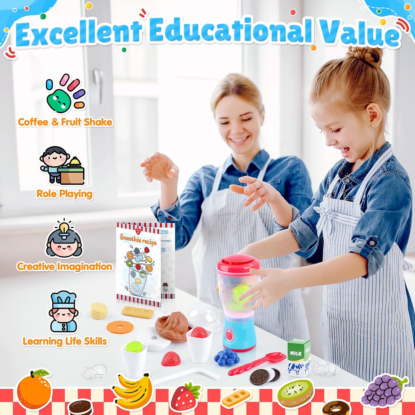 Play Smoothie Maker Toy Blender Set - 27 Pcs Pretend Play Kitchen Appliance For Kids With Realistic Action, Light And Sound, Pla