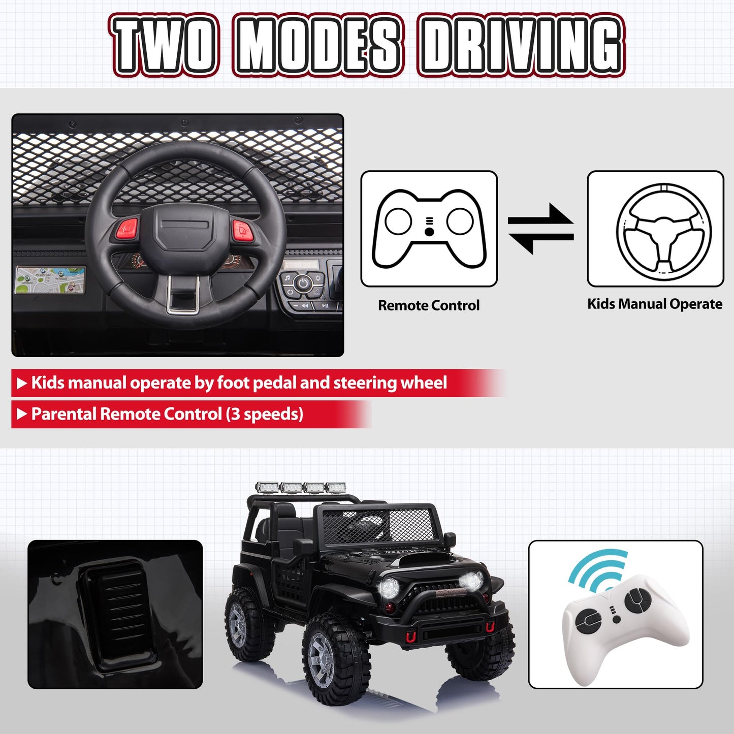 Tobbi 12V Kids Ride On Car, Electric Vehicles Jeep Car With Remote Control, Music, Mp3 Player, Lighting, Black