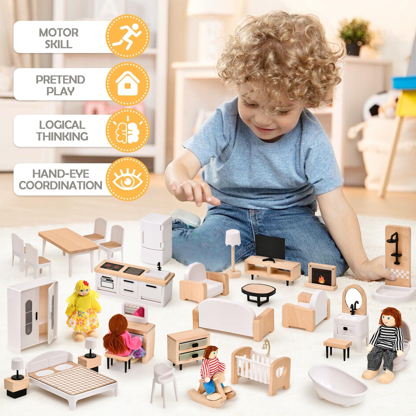 Toyssa Wooden Dollhouse Furniture Set, 36Pcs Miniature Doll House Accessories With Colorful 5 Room & 4 Flexible Family Dolls, Pr