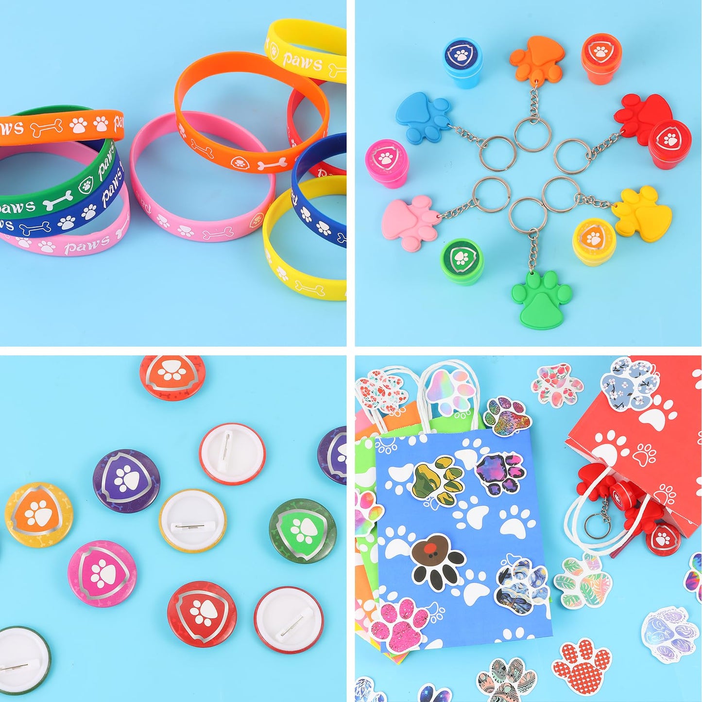 LiYiQ 122 Pcs Dog Paw Party Favors with Reusable Drinking Straws Paw Print Rubber Bracelets Keychains Stamps Dog Paw Button Pins