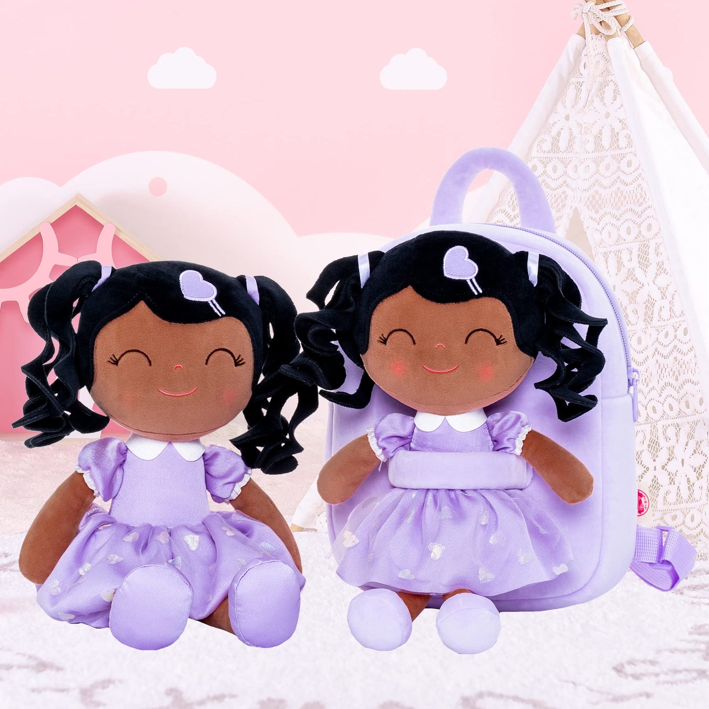 Gloveleya Toddler Backpack Baby Girl Gift Plush Bag Diaper Bag With Spring Girl Doll Curly Hair Girl Toys With Love Brown Purple 9 Inches