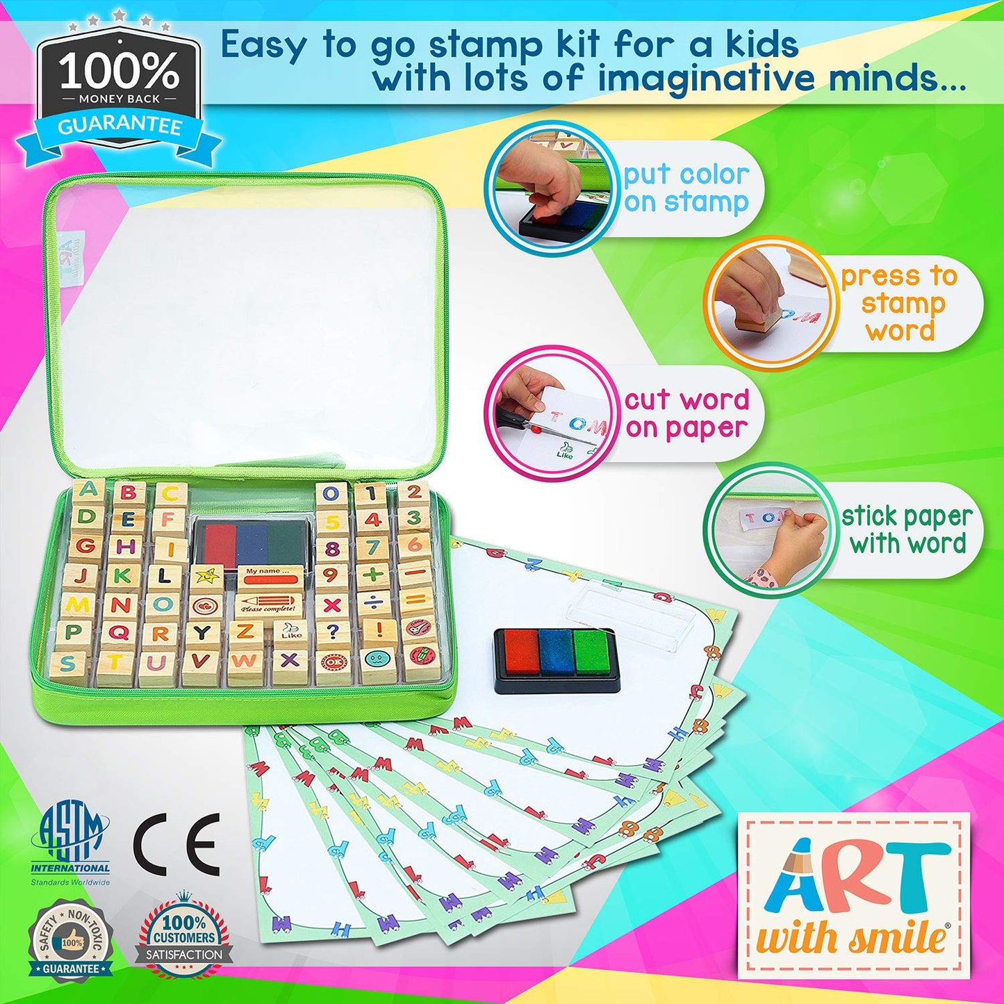 Large Wooden Stamp Premium Set For Kids. 72 Pcs Alphabet Stamps. Letters, Numbers, 3-Color Washable Ink Pad, 3 Refill Bottles, Activity Book. Ideal Creativity Kit For Back To School