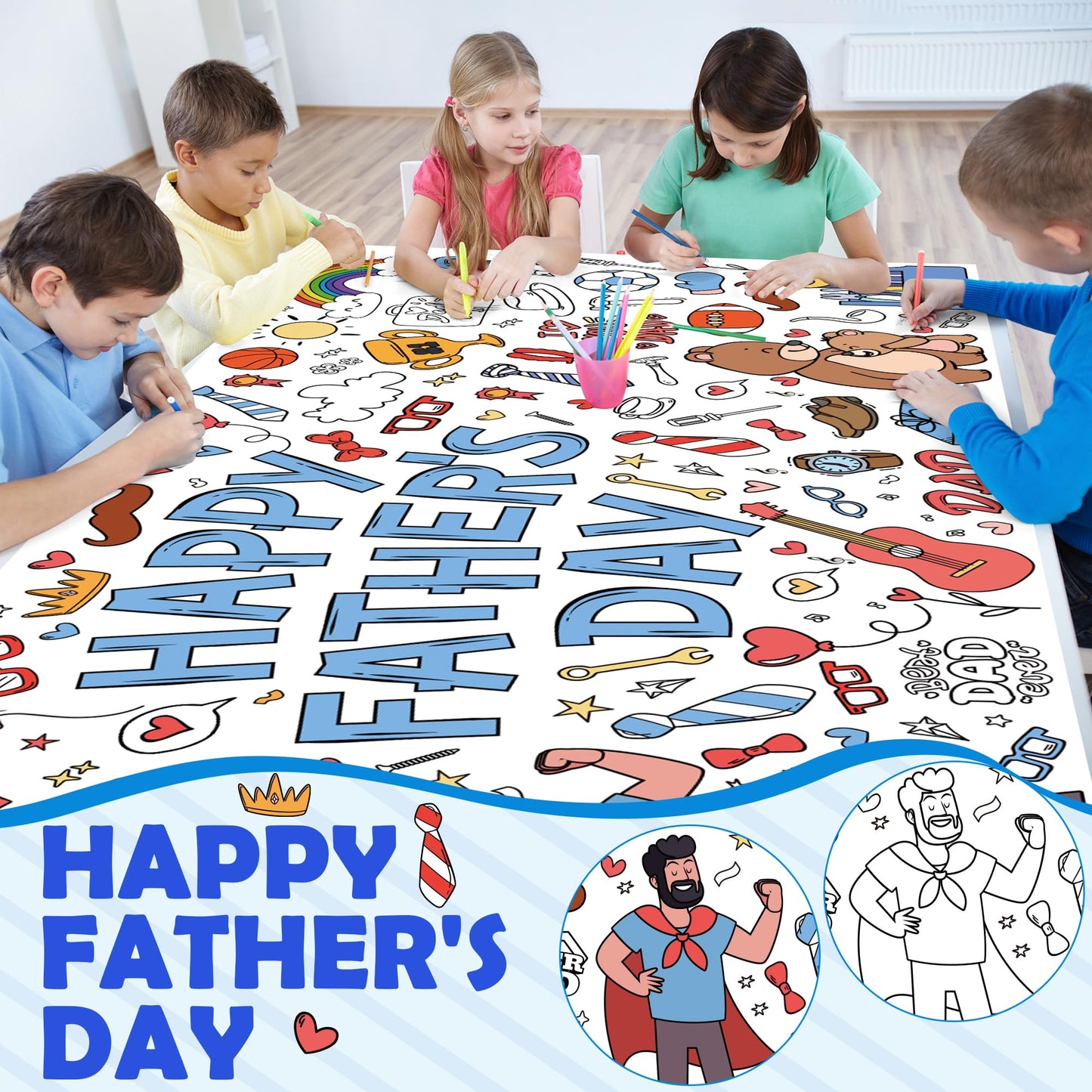 Ohome Fathers Day Giant Coloring Poster/Tablecloth - 30 X 72 Inches Jumbo Coloring Banner Kids Crafts Activities - Happy Fathers