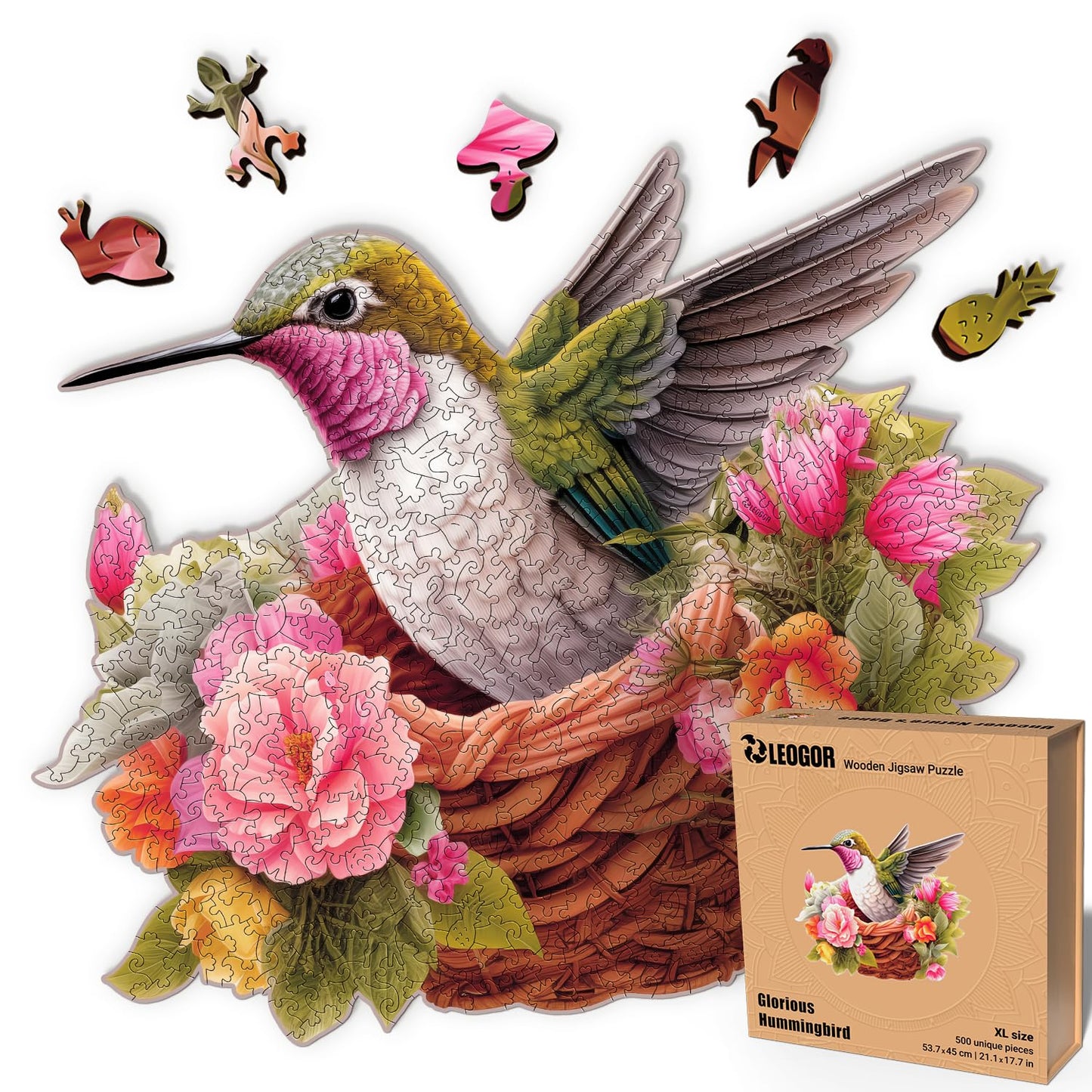 Wooden Puzzles For Adults 500 Piece - Hummingbird Puzzle – Unique Animal Shaped Pieces, Extra-Thick 5Mm Wood, Challenging & Fun Jigsaw For Puzzle Enthusiasts By Leogor, Xl Size 21.1' X 17.7'