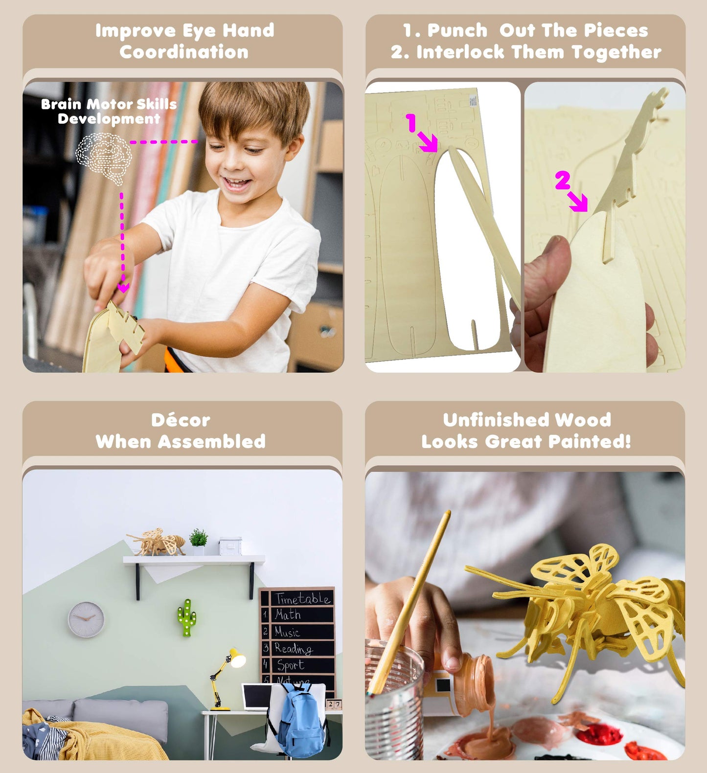 Puzzled 3D Puzzle Honeybee Wood Craft Construction Model Kit, Unique & Educational Diy Wooden Insect Toy Assemble Bee Model Unfinished Crafting Hobby Puzzle To Build & Paint For Decoration 32Pcs Pack