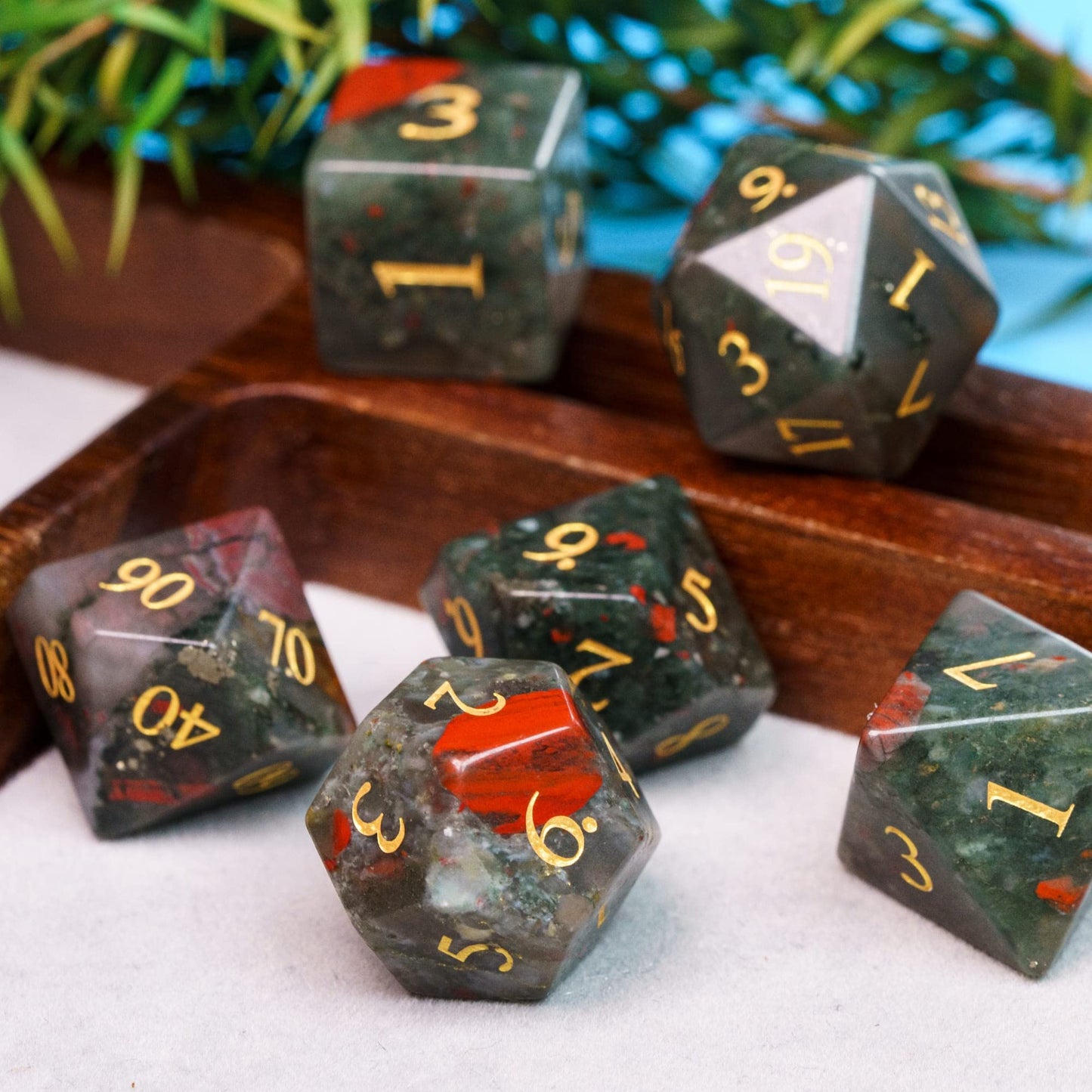 UDIXI Stone DND Dice Set, 7PCS Bloodstone Gemstone Dice Real Stone Dice with Gift Case for Dungeons and Dragons D&D and MTG Tabl