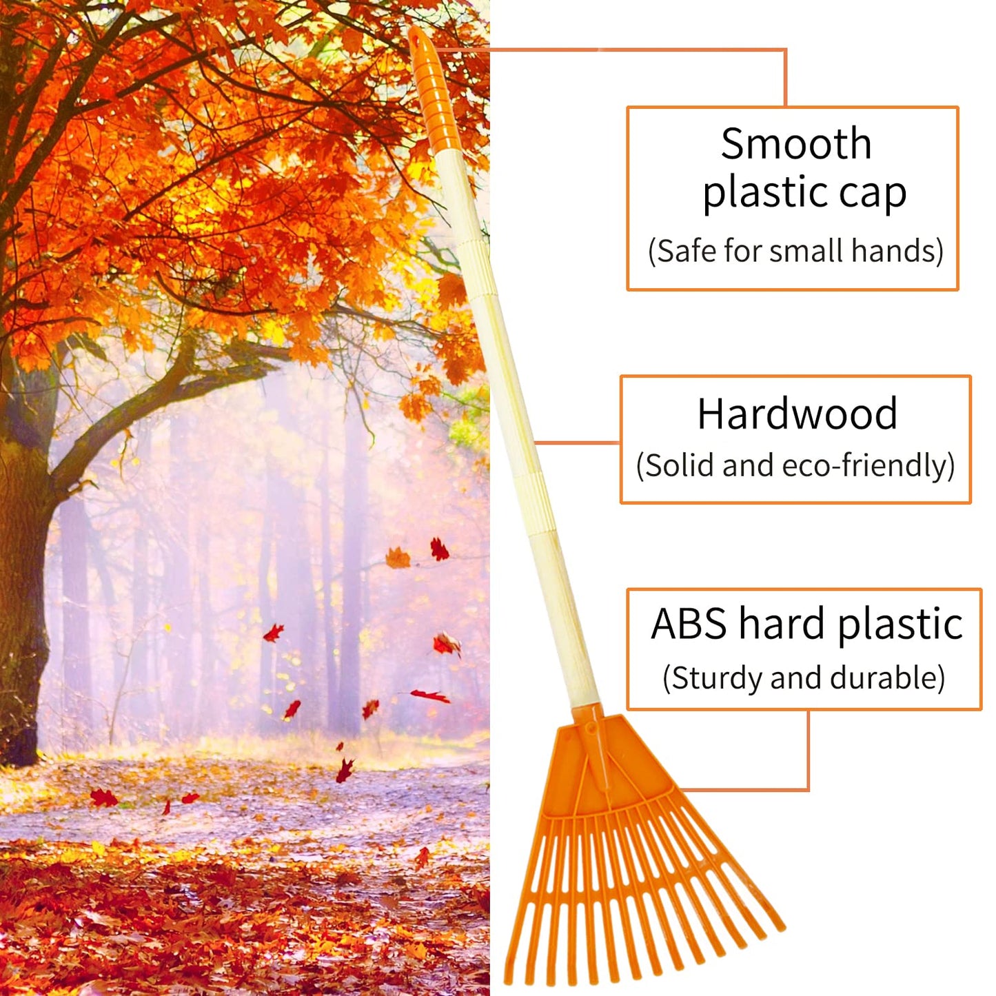 Cheerbank 4Pcs Kid Rakes, 31'' Child Size Plastic Lawn Rakes For Leaves Wooden Handle, Great Gardening Tools Gifts For Boys Girl