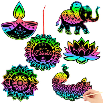 JULMELON 36 PCS Diwali Crafts, Rainbow Scratch Art DIY Scratch Paper Cards Magic Color Diwali Gifts Arts and Craft Kits Bulk Hap