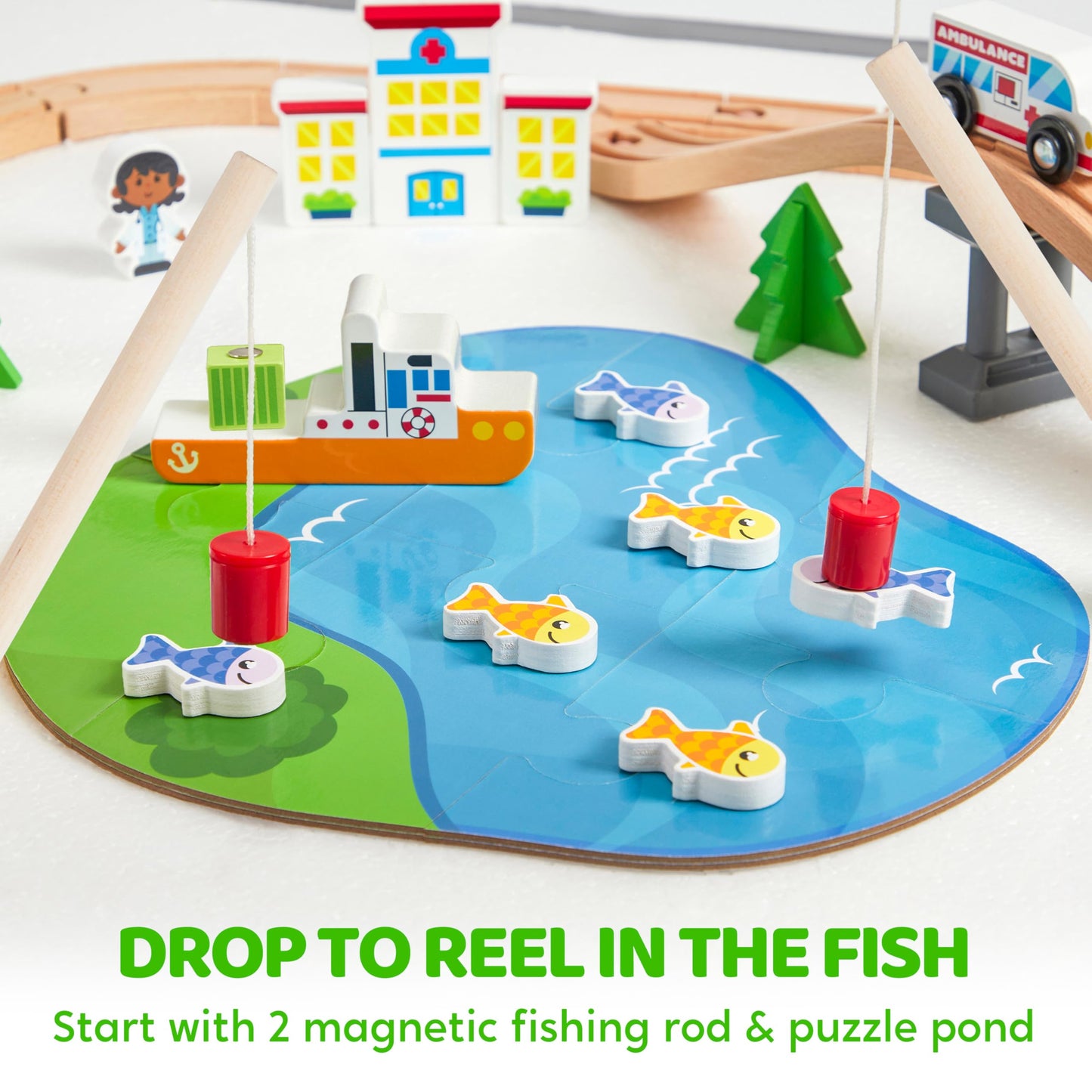 110Pcs Montessori Wooden Train Set - Urban Journey, City Scene Railway Set With Magnetic Trains, Cars, Helicopter & Ship, Perfec