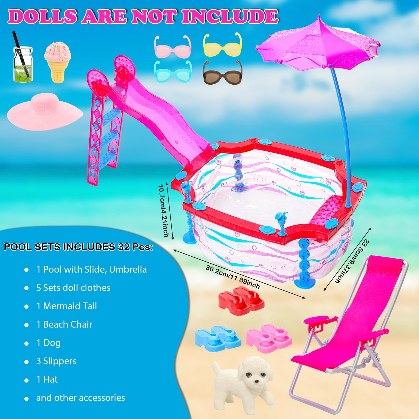 Doll Summer Pool Playset, Doll Glam Swimming Pool With Slide Accessories Includes Mermaid Swimsuit, Swimwear, Chair, Glasses, To