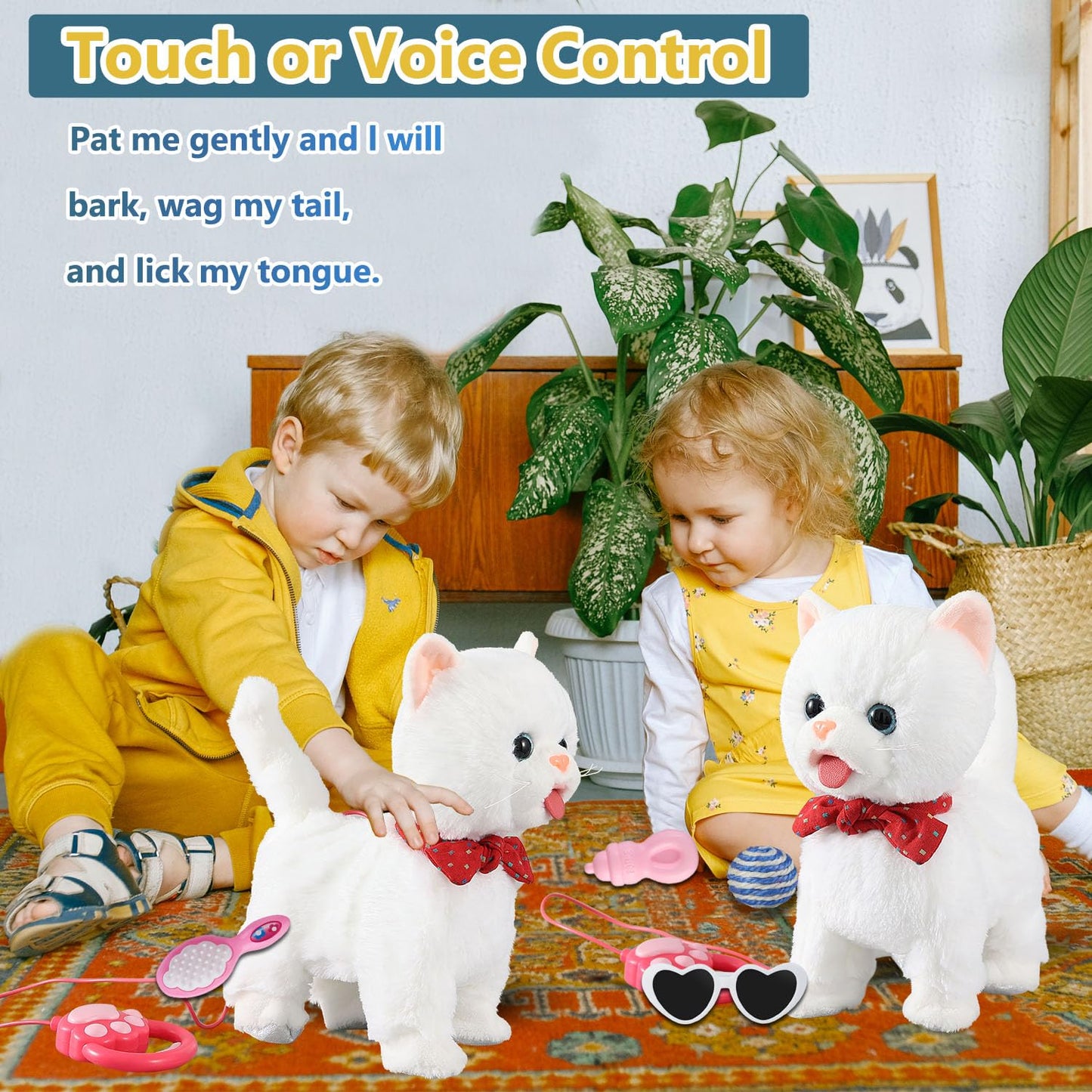 White Leash Walking Cat Set Interactive Talking Cat Singing Dancing Kitten Mimicking Repeat What You Say Kitty Touch and Voice C