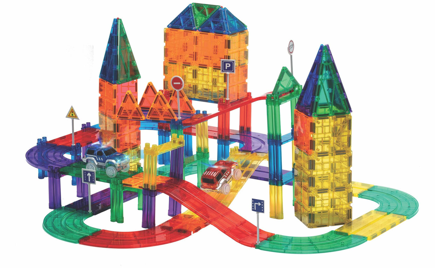 Playmags Magnetic Tiles Race Track Set - 200 Piece Stem Engineering Building Blocks With 2 Led Race Cars, Educational Magnet Toy