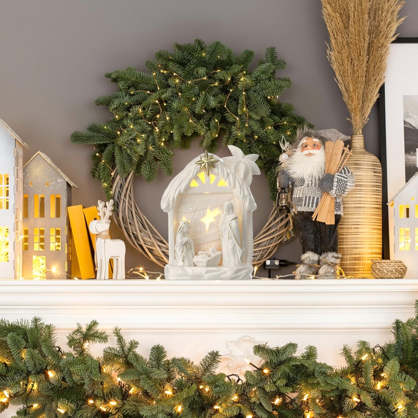 Cindeer Nativity Set for Christmas Indoor,Ceramic Nativity Scene with Light, Porcelain Statue Sculpted Hand Painted Figurine, Ho