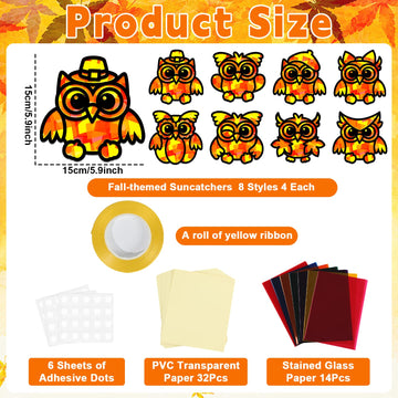 QOUBAI 32 Sets Fall Owl Suncatchers Craft Kit DIY Window Stained Glass Effect Autumn Owl Paper Crafts Home School Classroom Deco