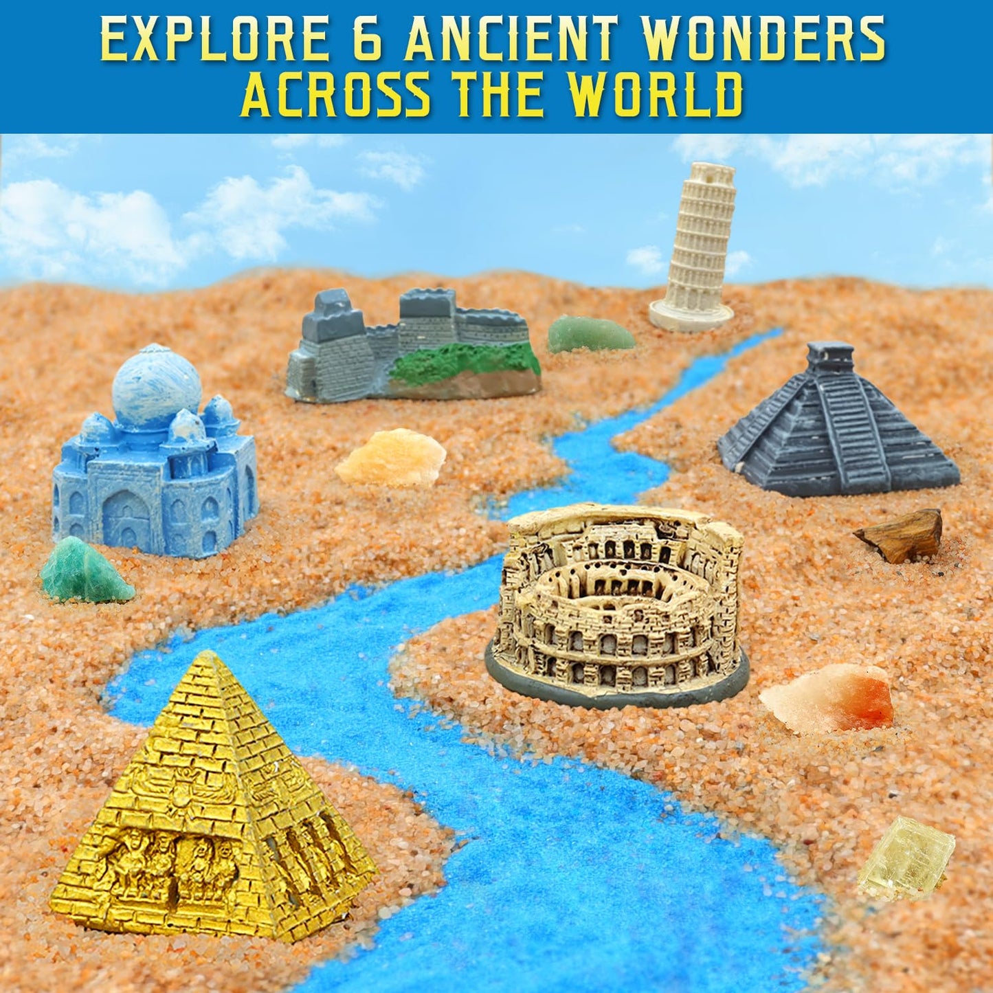 Ancient Wonders Dig Kit, Excavate 6 Famous Landmarks Figurines & 6 Rocks, With History Learning Cards, Wonders Of The World Toy
