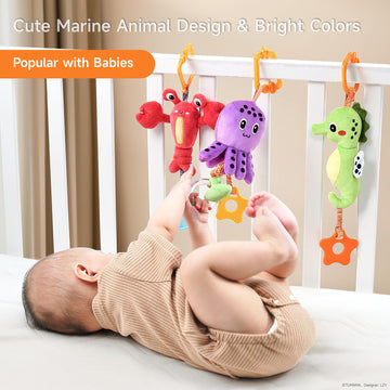 Tumama Baby Toys 0 3 6 12 Months, Hanging Stroller Toys Soft Marine Animal Crib Car Seat Toys, Crinkle Infant Rattles With Teether Squeaky Sensory Developmental Toy For Newborn