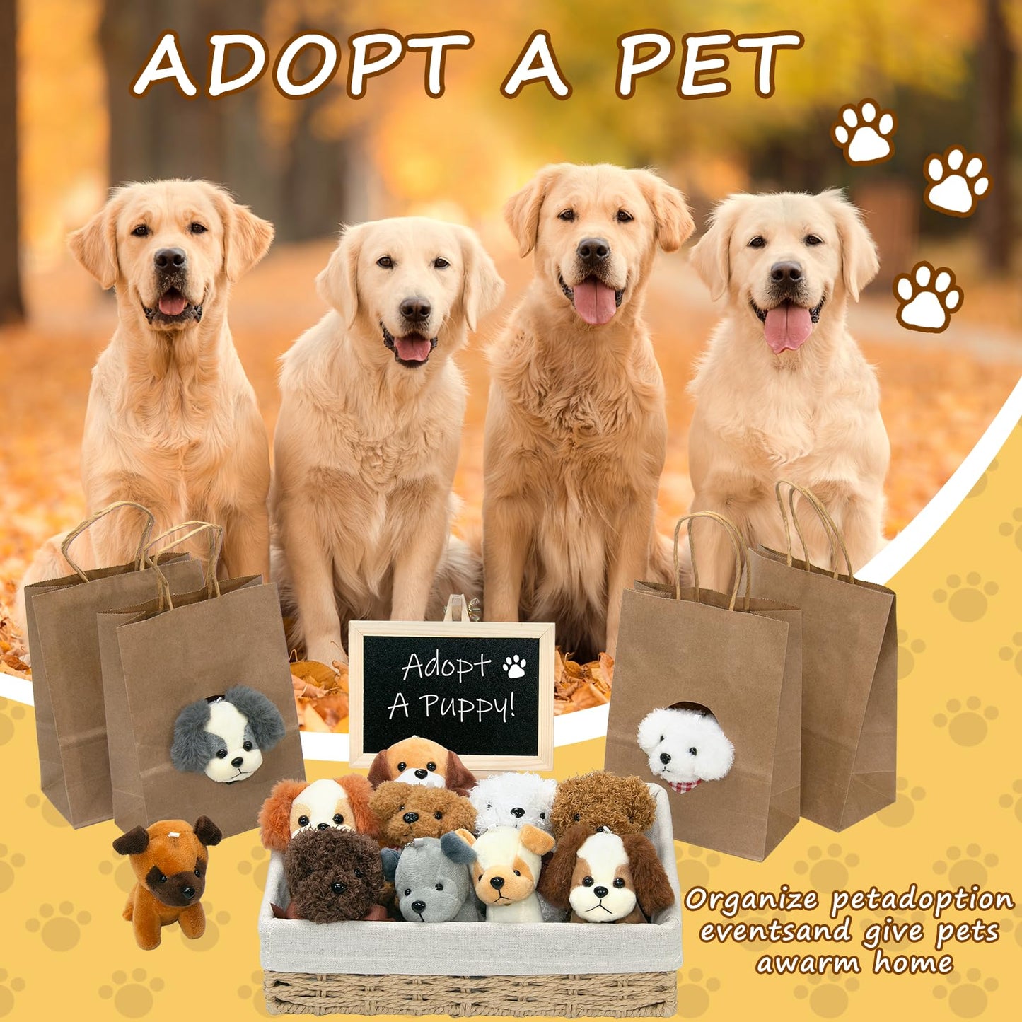 35Pcs Adopt A Puppy Party Favors Mini Stuffed Animals Set Includes 12Inch Rattan Frame 12 Pcs Mini Plush Dogs 12 Gift Bags White