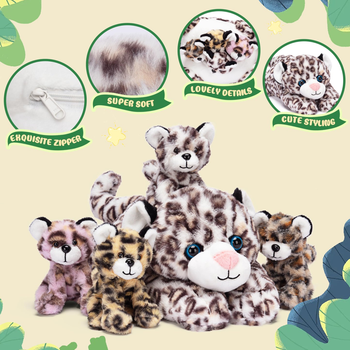Ikasa Mommy Leopard Stuffed Animal Mom And Baby Cheetah Plush Toy, Cute 18'' Soft Small Mama Family Set Toys With Little Mini Ba