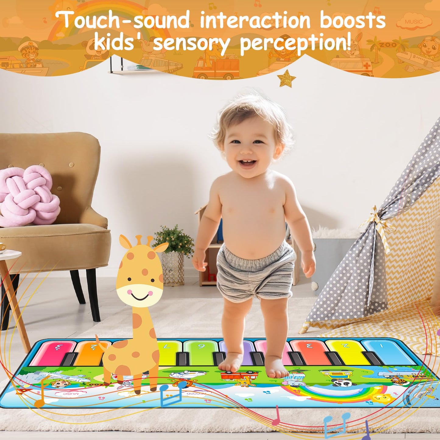 Fuceoruy Piano Mat Musical Toys For Toddlers 1-3, Sensory Learning Toy Floor Piano Playmat With 7 Animal Sound, 7 Transportation Sound & 10 Built-In Music, Birthday Gift For 1 2 3 Year Old Boys Girls