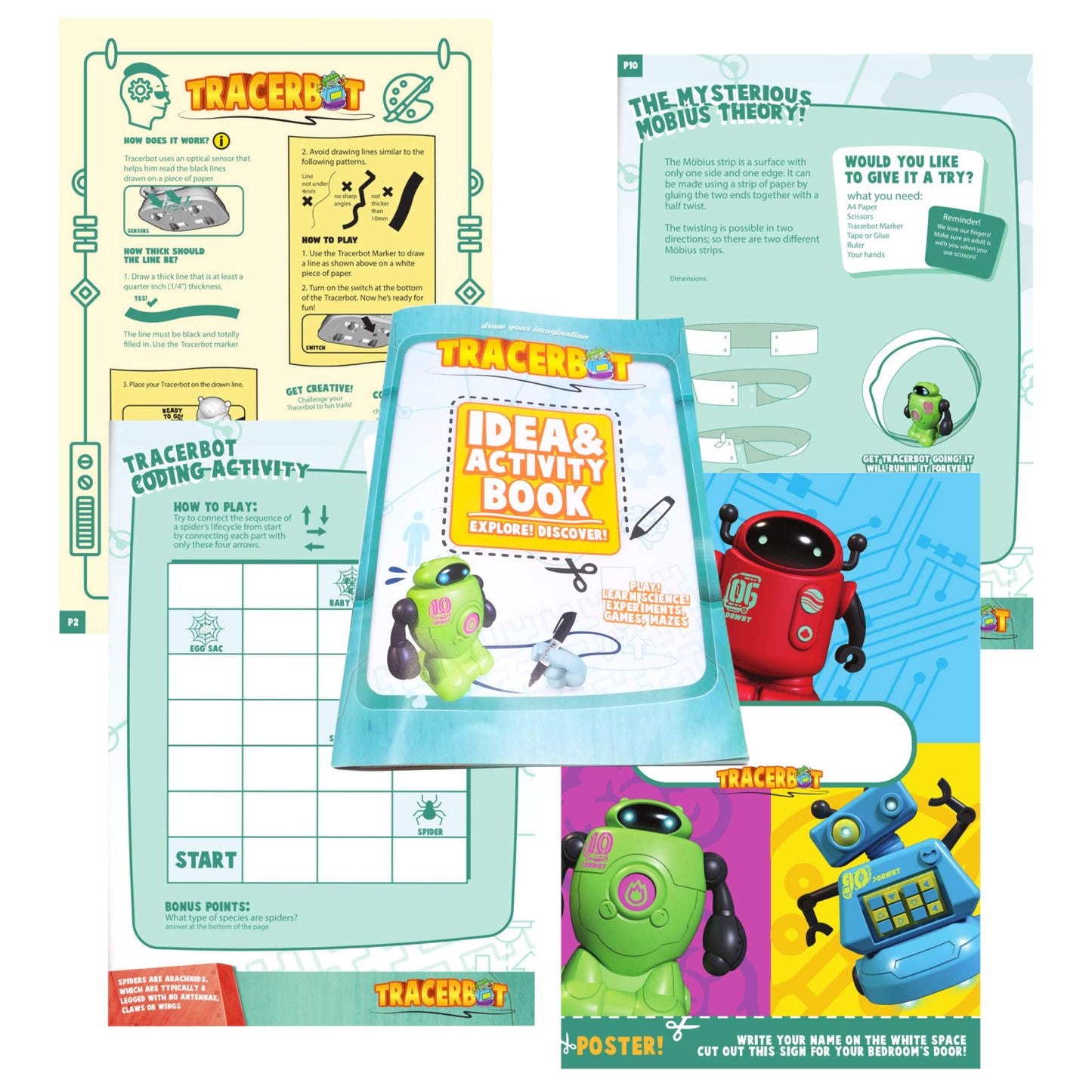 Mukikim Tracerbot Set (2 Robot Set) – Mini Inductive Robot That Follows The Black Line You Draw. Fun, Educational, And Interactive Stem Toy! Includes Trail Map, Dry Erase Board, And Playbook