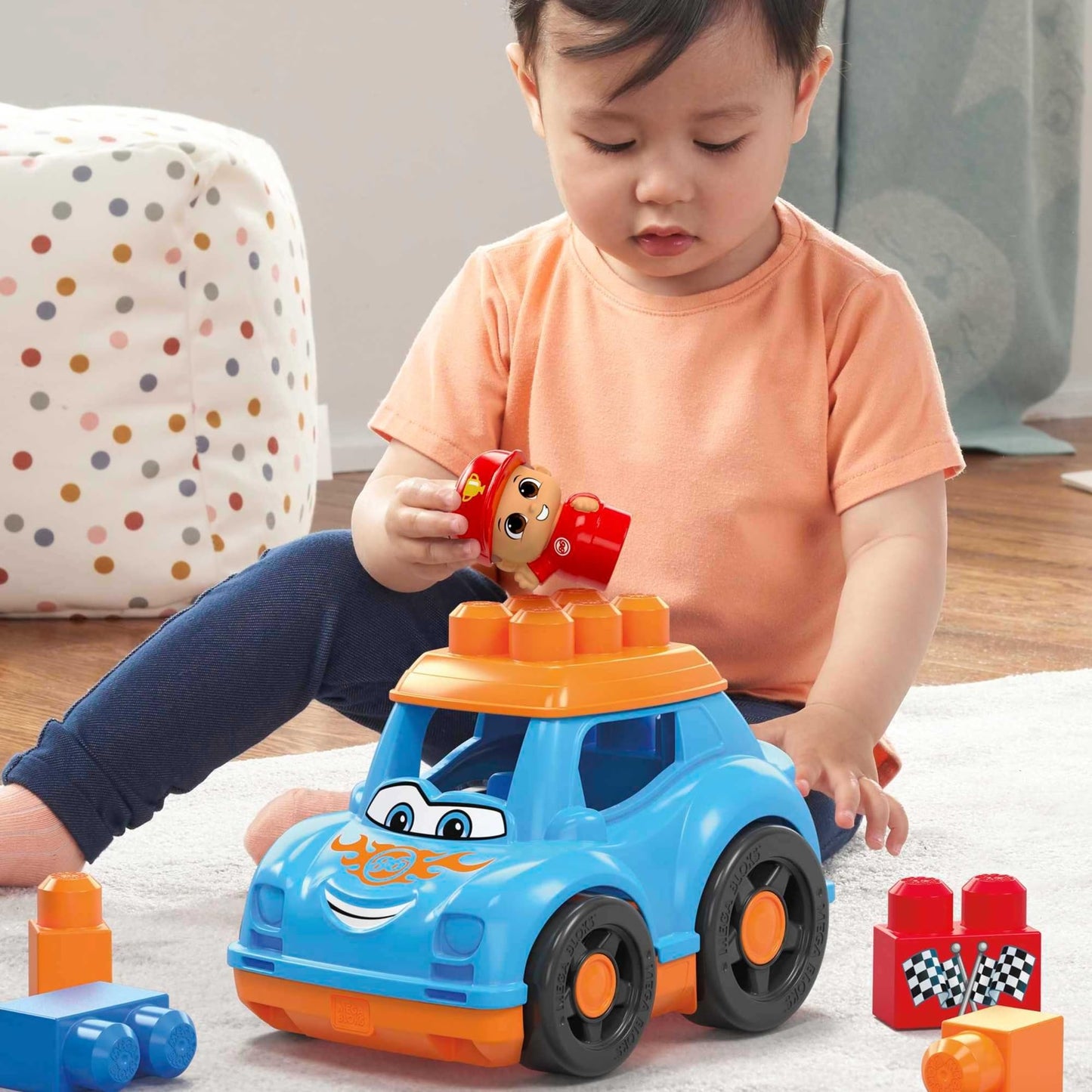 Mega BLOKS First Builders Toddler Building Blocks Toy Set, Ricky Race Car with 6 Pieces and Storage, 1 Figure, Blue, Ages 1+ Yea