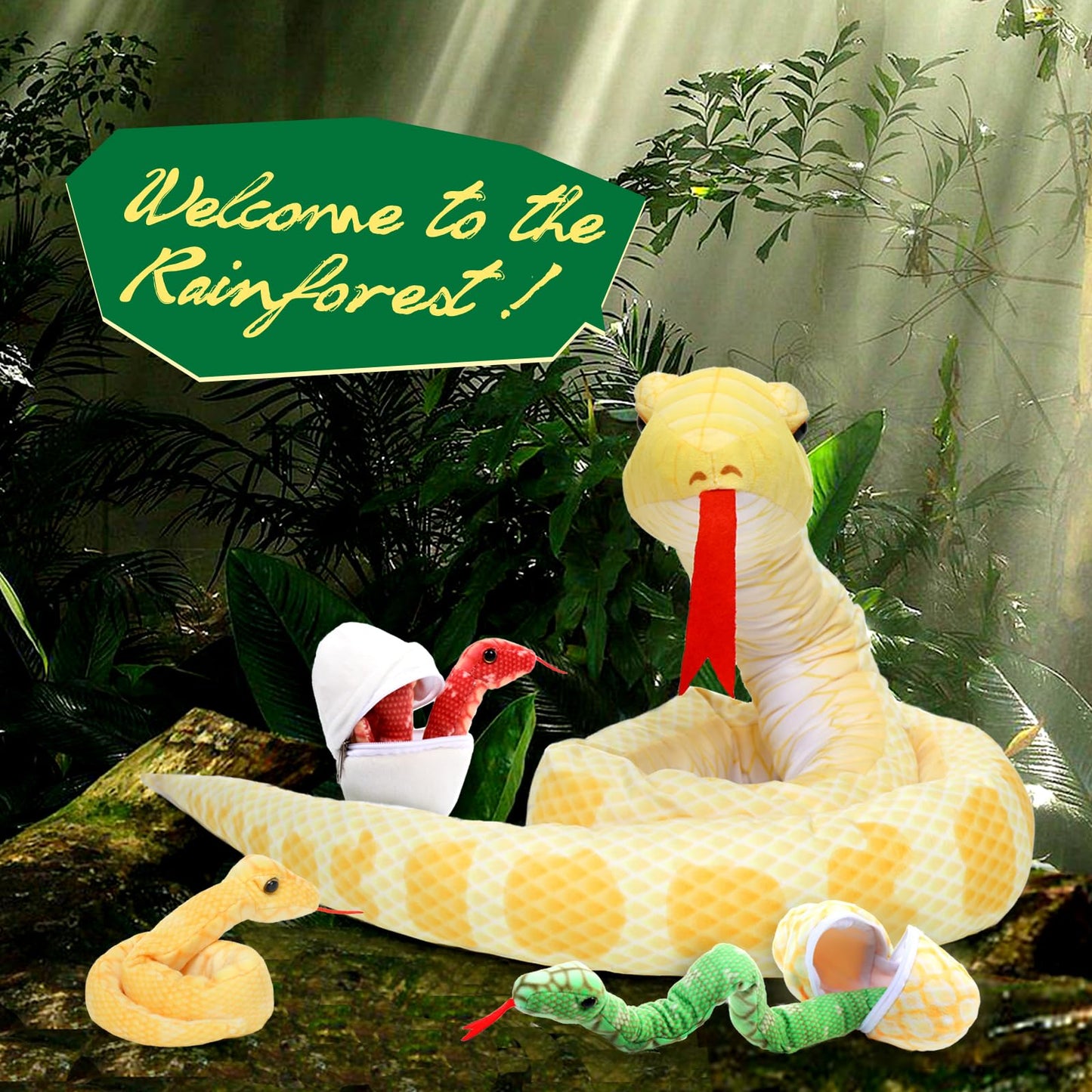 Tezituor Giant Stuffed Snake Plush, Yellow Snake Stuffed Animal With 3 Snake Babies & 2 Eggs,80' Long Boa Constrictor Snake Toys For Boys Girls Birthday Gifts